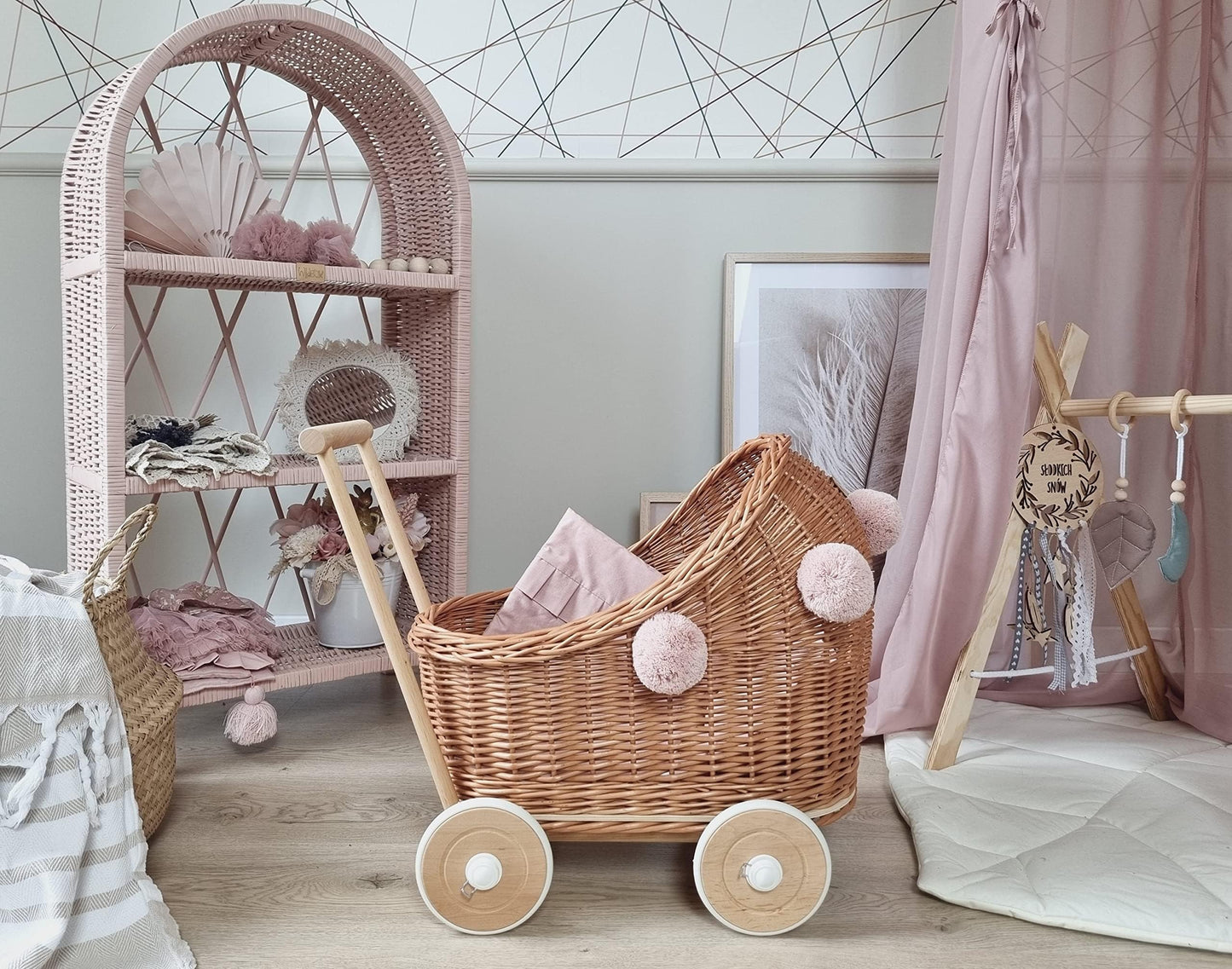 Wiklibox Natural Rattan Doll Stroller - Hand Made in Europe - Fits 17" Dolls & Plush Toys - Wicker Doll Pram & Baby Walker with Bedding Set - Perfect for Imaginative Play
