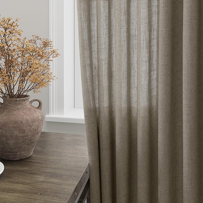 Mocha Linen Curtains 120 Inch Extra Long for Living Room Back Tab Light Filtering Semi Sheer Drapes Modern Farmhouse Boho Decor Cotton Textured Curtain for Floor to Ceiling High Window 52x120
