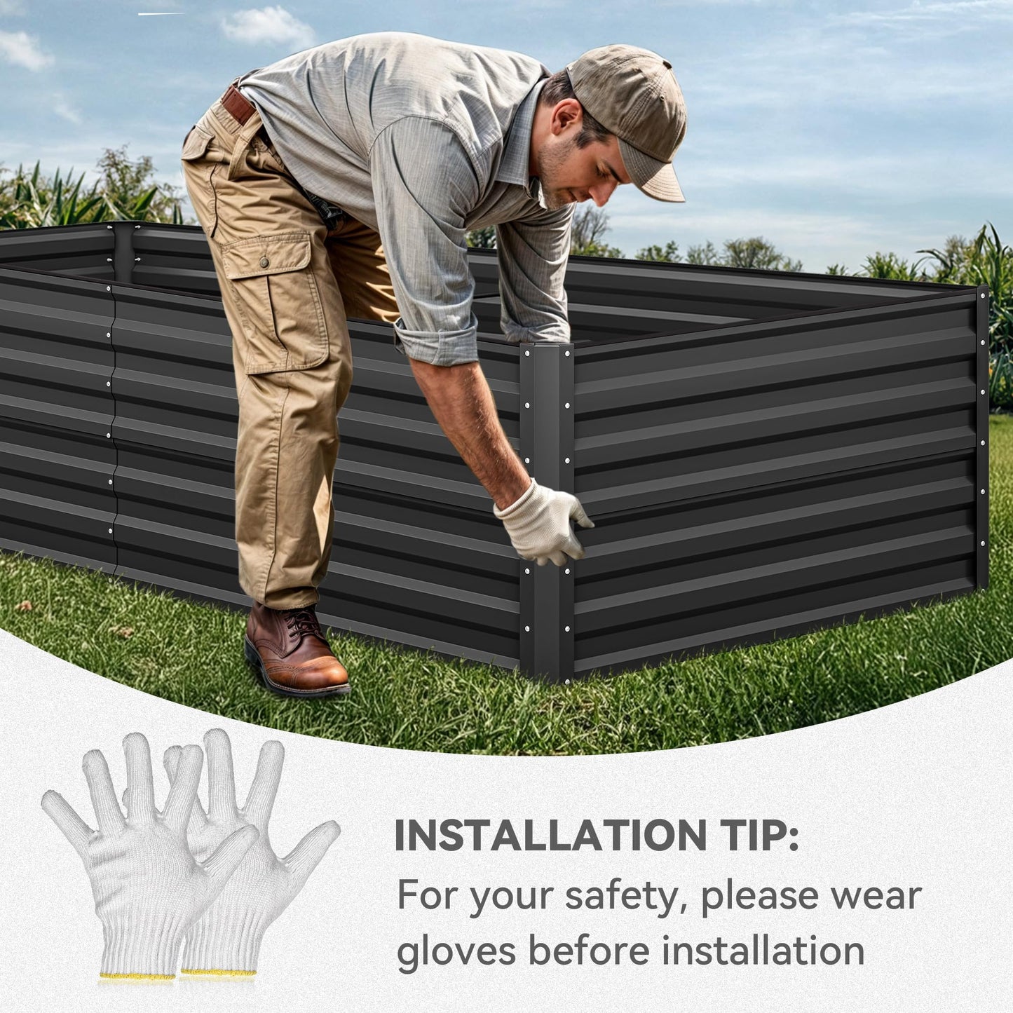 YITAHOME 8x4x2 ft 4pcs Galvanized Raised Garden Bed Kit, Large Metal Planter Box with Gloves, Safety Rubber & Support Rod, Outdoor Flower Bed for Plants Vegetables, Black