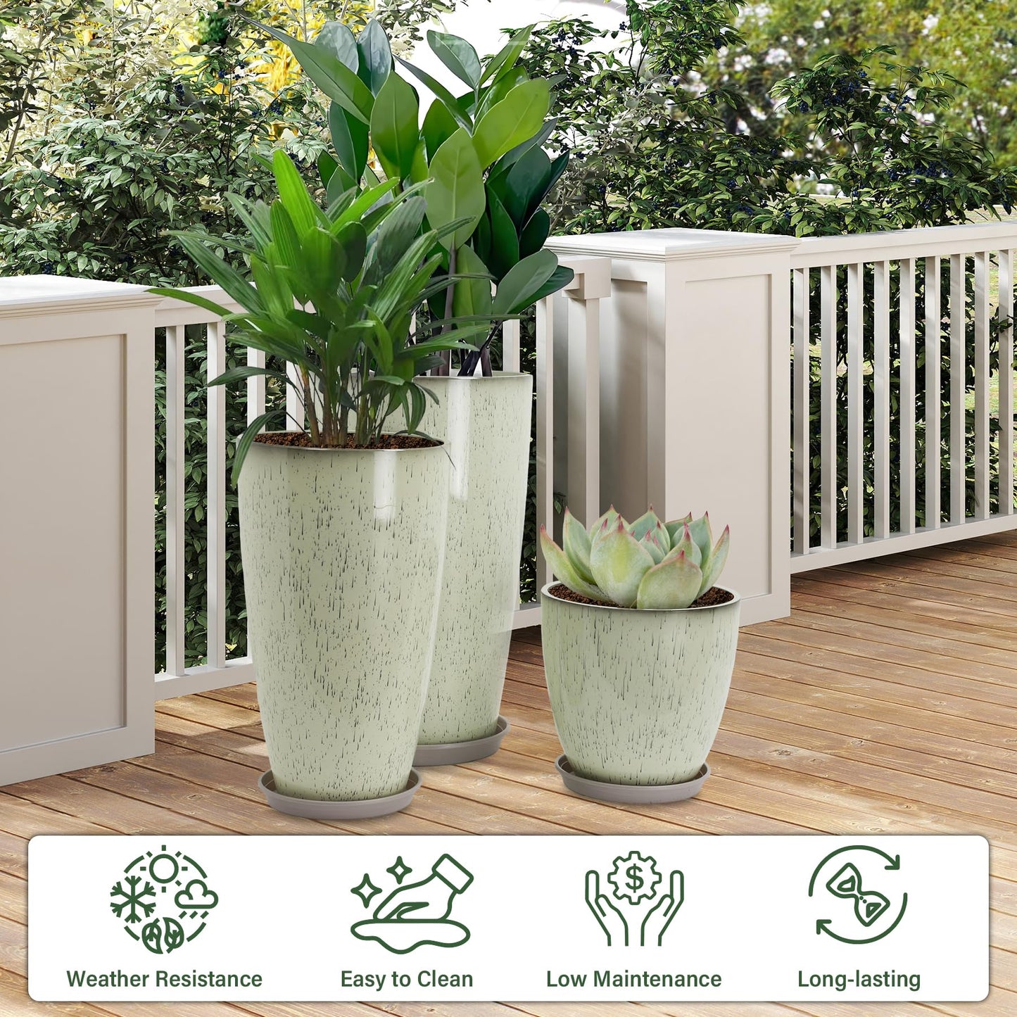 Neoaider 24/21/12 Inch Large Plastic Planter, Lightweight Ceramic-Look Tall Planters with Drain Hole & Saucers, Tall Plastic Planters for Porch, Garden, Patio, Balcony(Drip Glaze)