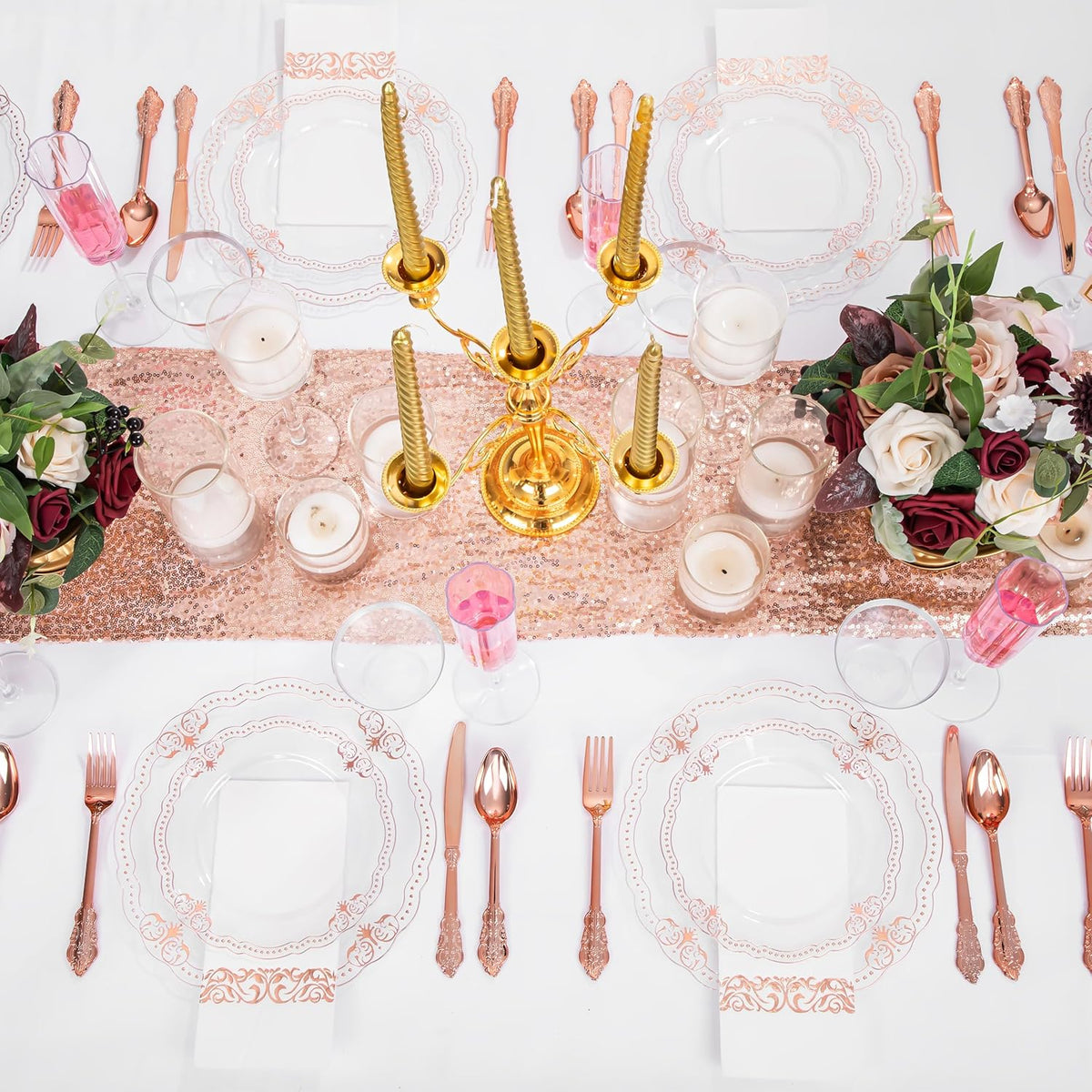 Ciaell 175 PCS Rose and Gold Plastic Plates - Fancy Rose Gold Disposable Dinnerware Set with of 50 Plates, 25 Knives, 25 Forks, 25 Spoons, 25 Cups, 25 Napkins for Wedding & Party