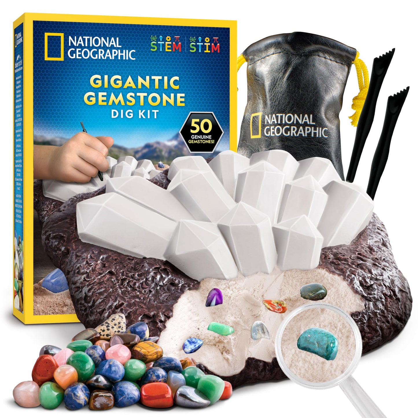 National Geographic Gigantic Gemstone Dig Kit – Excavate 50 Real Gems from a Giant Dig Brick, Gem Mining Kit for Kids, STEM Rock Collection Activity, Includes Tools & Learning Guide