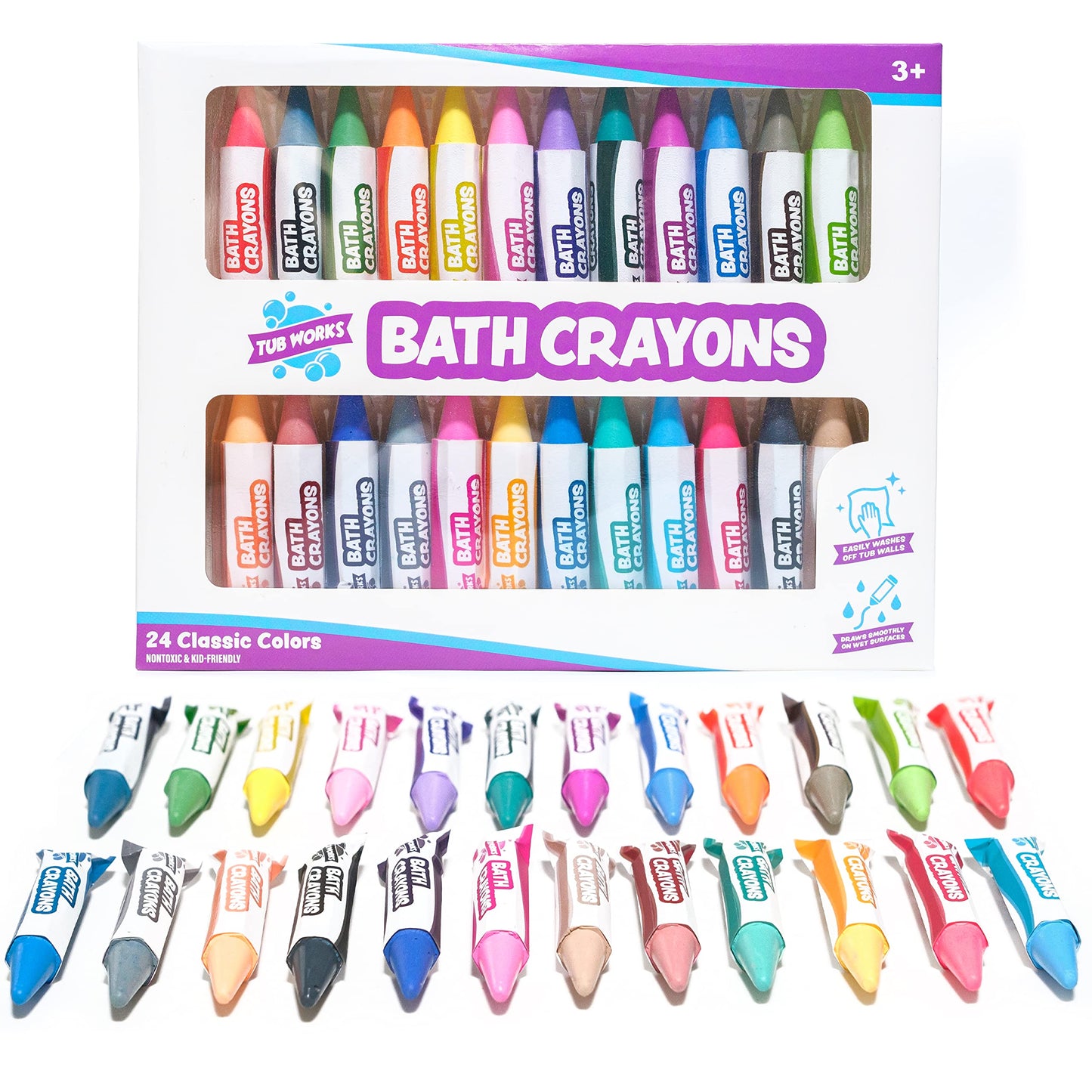 Tub Works® Smooth™ Bath Crayons Bath Toy, 24 Pack | Nontoxic, Washable Bath Crayons for Toddlers & Kids | Unique Formula Draws Smoothly & Vividly on Wet & Dry Tub Walls | Hexagon Grip Bathtub Crayons