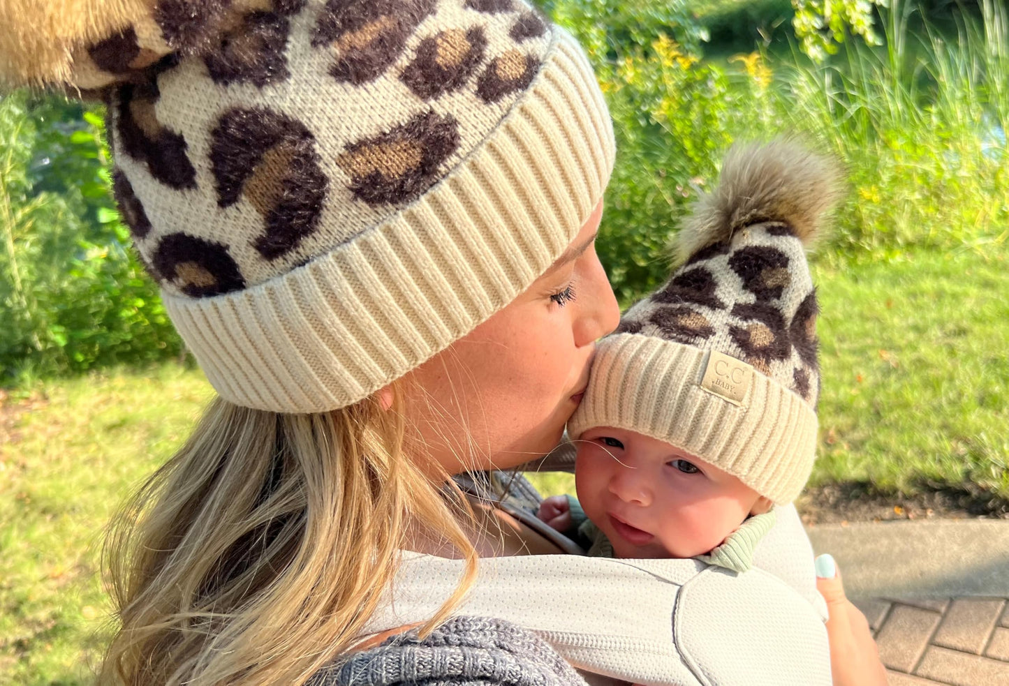 Funky Junque Matching Adult Toddler Infant POM Hat - Adult/Toddler/Infant Leopard Beige (3 Pack)