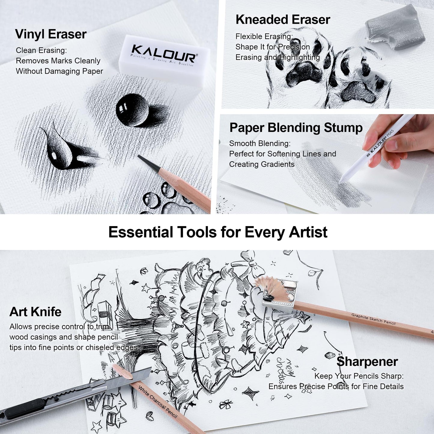 KALOUR 29 Pro Sketching Drawing Pencils Set with Roll-Up Nylon Case – 14 Graphite Pencils (14B–5H), Charcoal Pencils, Erasers, Sharpener & Stumps – Complete Art Kit for Artists & Beginner