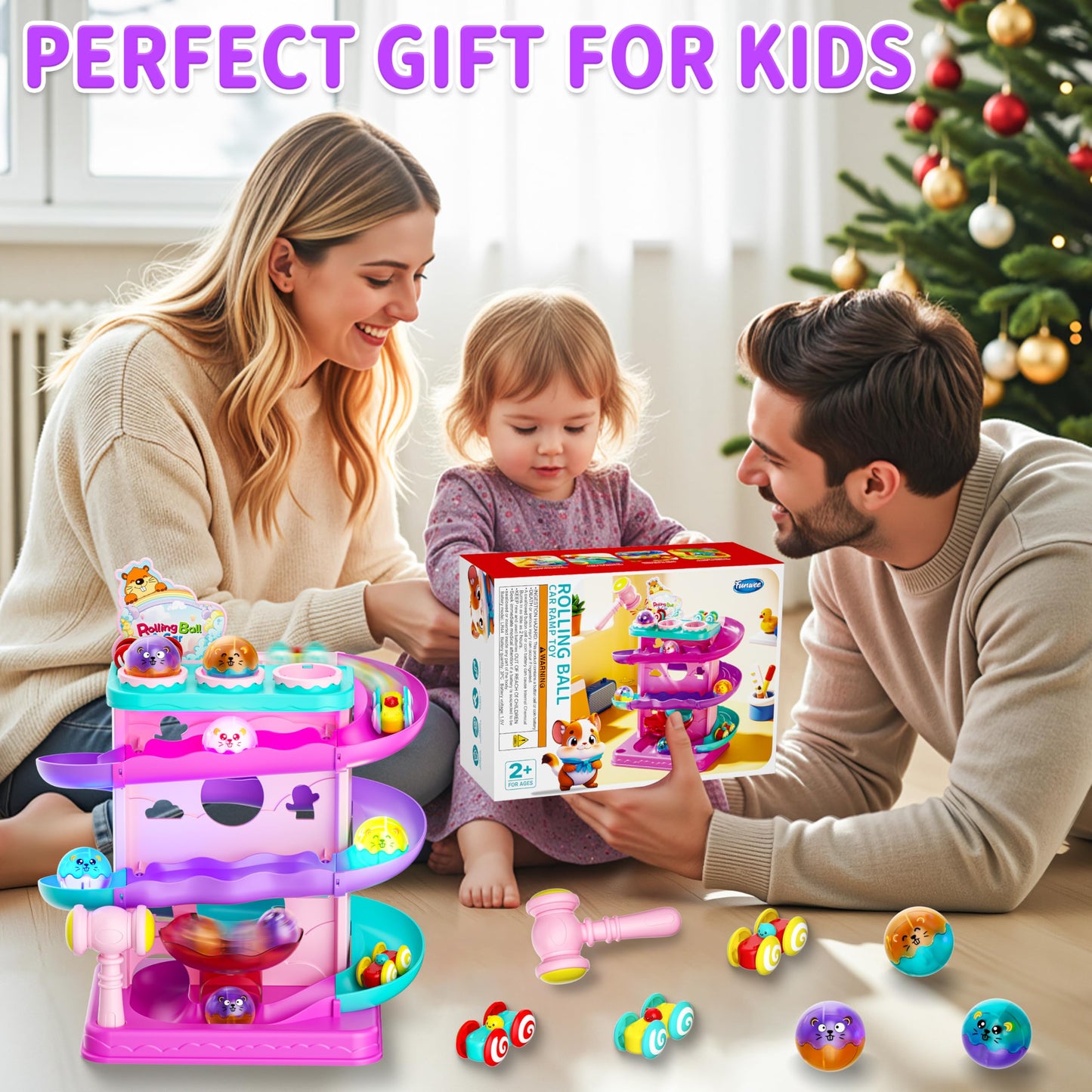 Funwee 2-in-1 Rolling Ball & Racing Car Ramp Toy for Toddlers, Race Track Hammer Lights Ball Drop, Interactive Montessori Learning Game Birthday Gift Idea for Kids 1 2 3 4 5+Year Old Girl Boy(Pink)