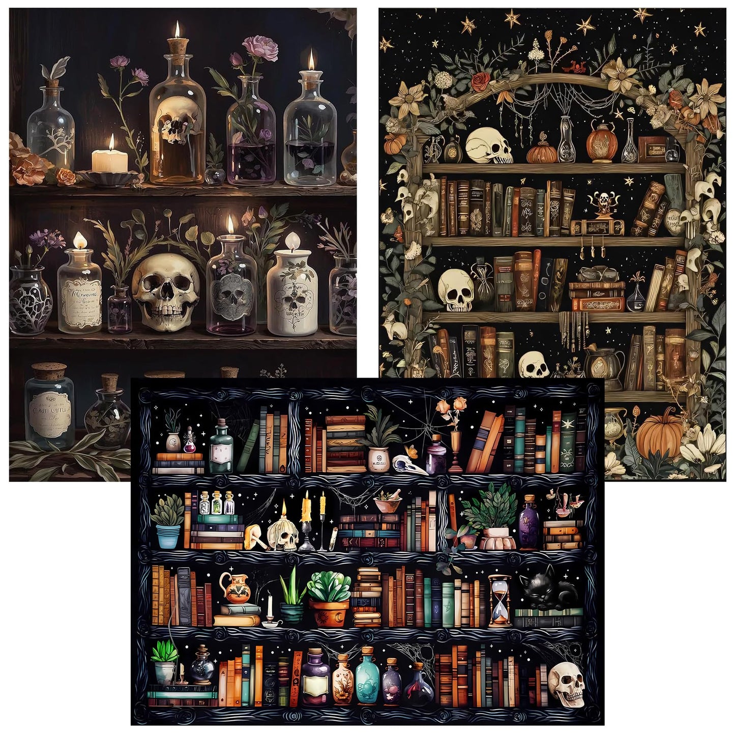 Axquilon 3 Pack Bookshelf Diamond Art Kits for Adults, Skull Diamond Painting Kits for Adults Beginner, DIY 5D Full Drill Gem Art for Home Wall Decor 12x16 inch