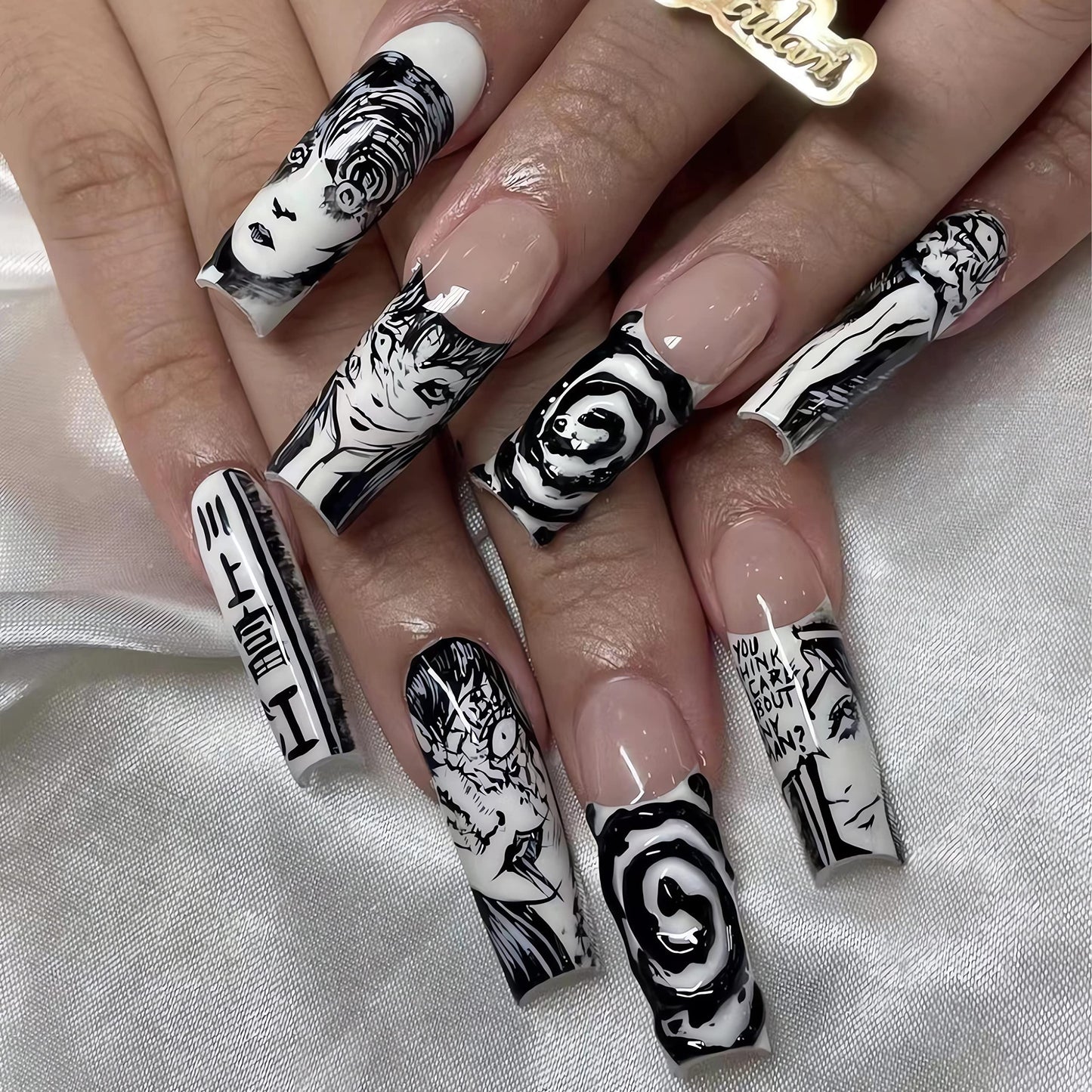 IMSOHOT Long Press on Nails Square French Fake Nails Y2K Black Cartoon Graffiti False Nails Glossy Ballerina Full Cover Acrylic Nails 24pcs