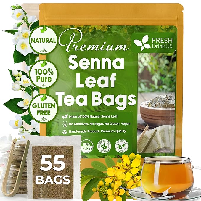 FreshDrinkUS, Premium 55 Senna Leaf Tea Bags, 100% Natural & Pure from Senna Leaves. Loose Leaf Senna Herbal Tea, Made with Natural Material Tea Bags, Senna Leaf Tea. No Sugar, No Caffeine, No Gluten, Vegan.
