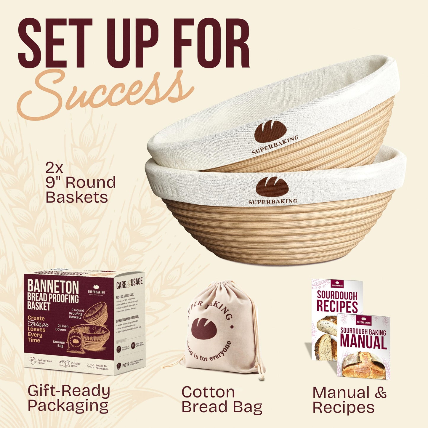 Superbaking 2 pcs Banneton Bread Proofing Basket, 9" Splinter-Free Round Rattan Bread Basket with Liners, Sourdough Starter Kit, Sourdough Bread Baking Supplies & Sourdough Kit, Bread Making Tools