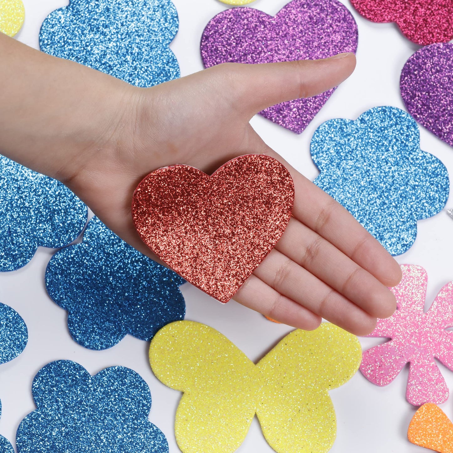 Incraftables Glitter Self Adhesive Foam Stickers for Kids, 100pcs Heart, Star, Butterfly, Flower Shapes, Multicolor, Felt Material, Modern Style, Indoor Use, Stickers for Kids & Adults
