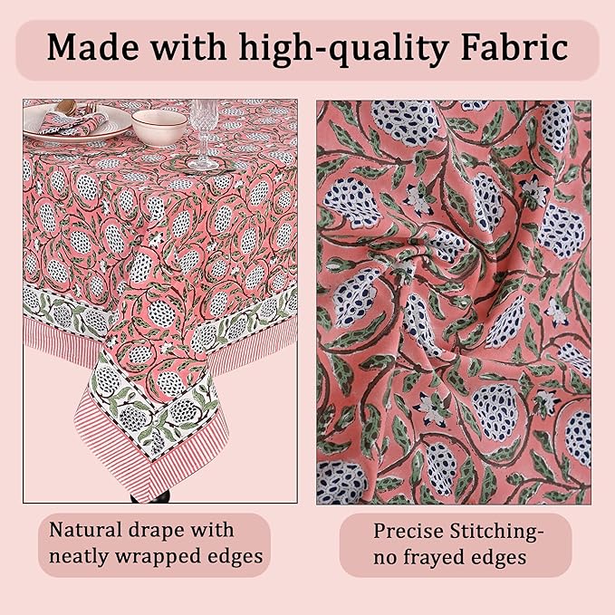 Ridhi Hand Block Print Dark Salmon Pink Rectangle Cotton Tablecloth 160" x 72" Reusable Table Cover Decorative Everyday Use for Dining, Farmhouse, Home Gift for Spring, Easter, Valentine