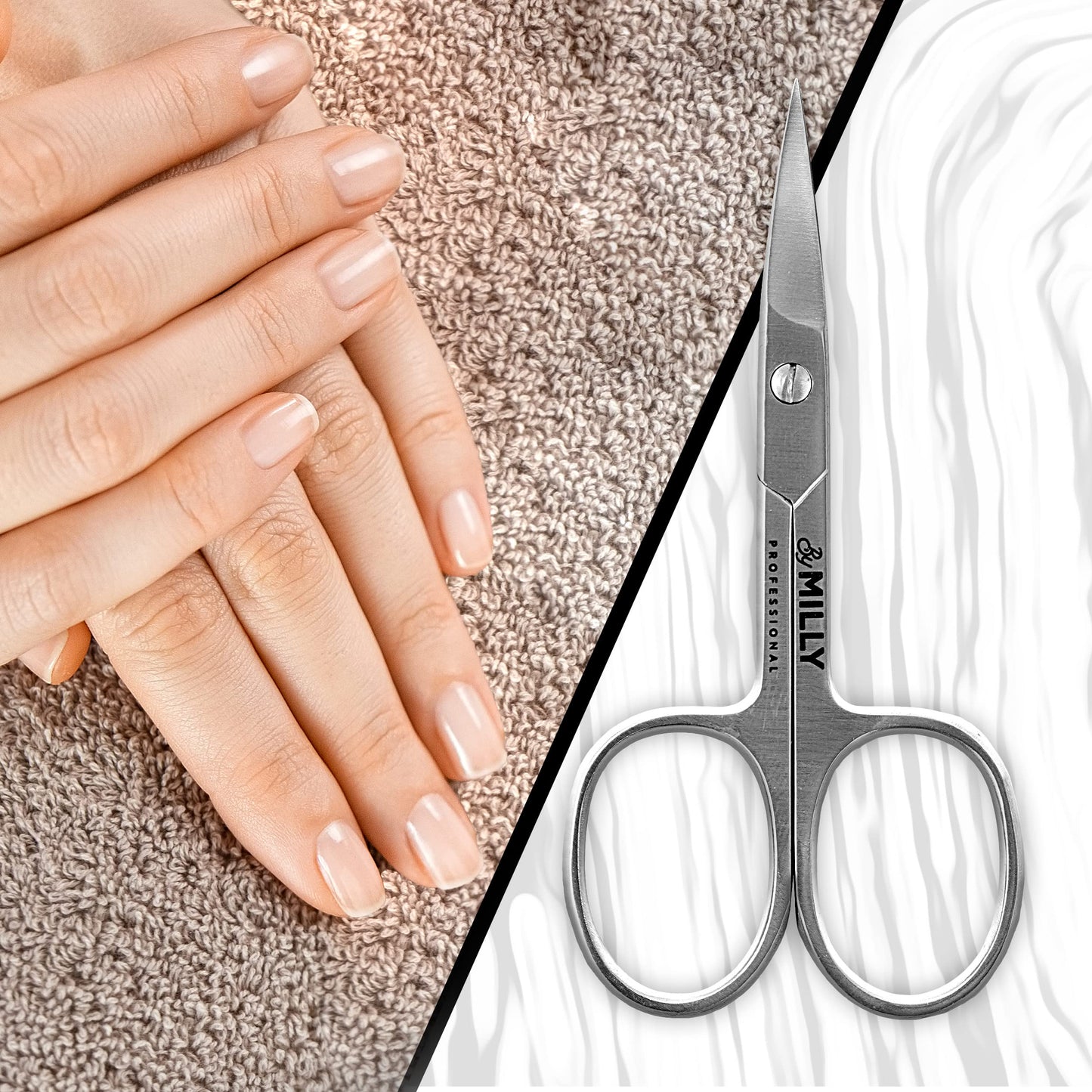 By MILLY High Carbon Stainless Steel Professional Nail Scissors for Manicure | Razor Sharp Curved Blade Beauty Scissors for Women (Silver)