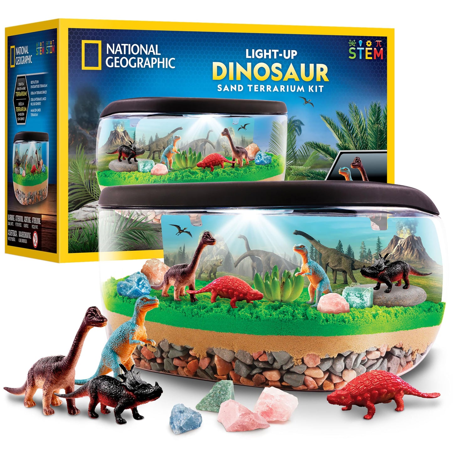 National Geographic Light-Up Dinosaur Terrarium Kit for Kids – Build a Prehistoric Habitat with Play Sand, Real Gemstones & Dino Figures, Science Activity Kit for Boys & Girls