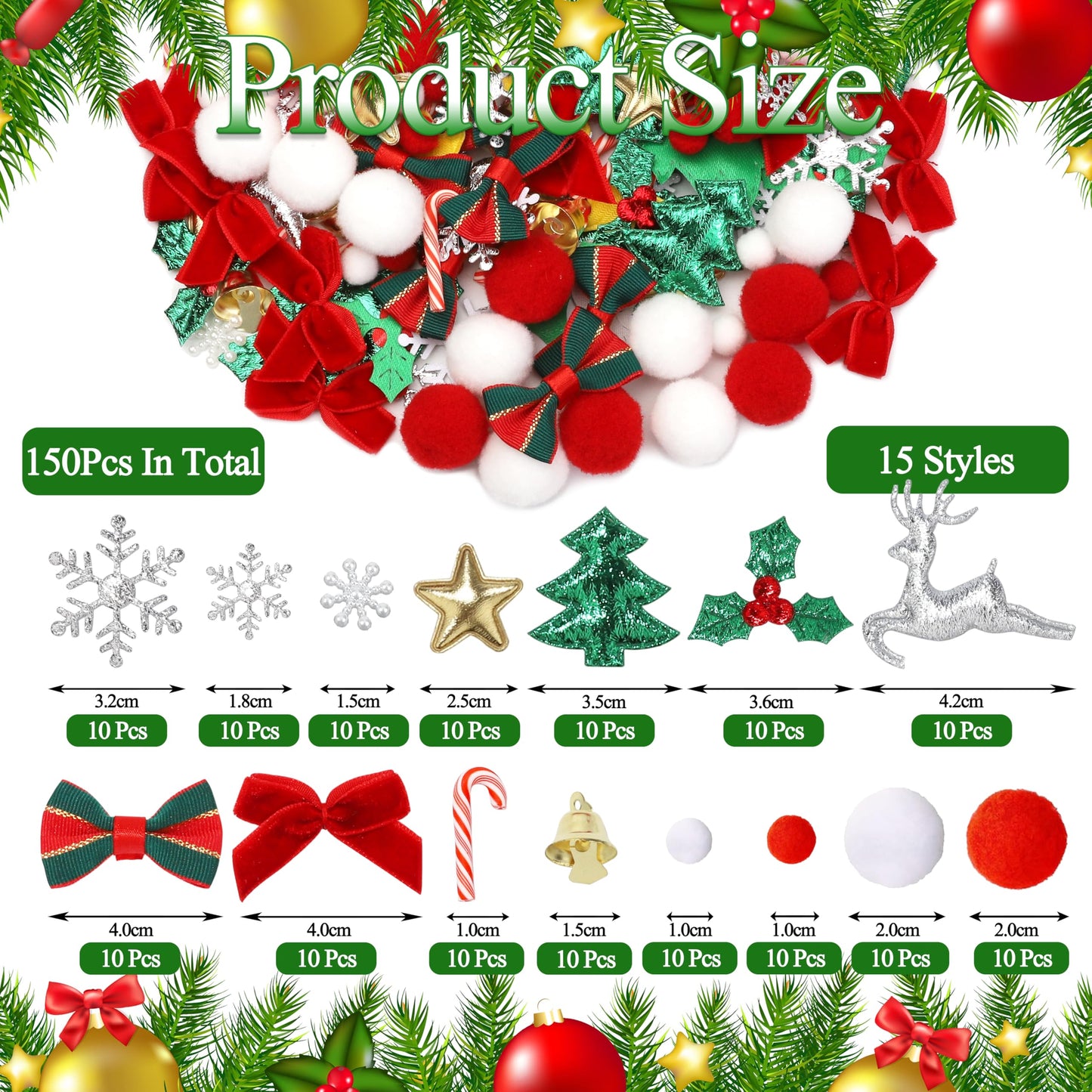 150 Pcs Christmas Decorations Embellishments, Miniature/Mini Ornaments for DIY Crafts Scrapbook(15 Styles)