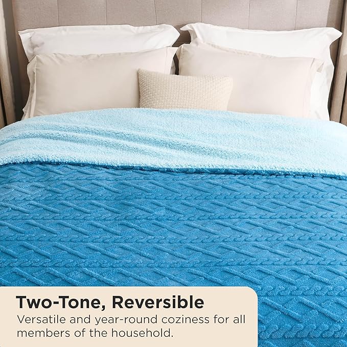 Bedsure Sherpa King Size Blanket for Bed- GentleSoft Fleece Fluffy & Cozy Cable Jacquard Tufted for Women Gift, Thick and Warm Blankets for Winter, Horizon Blue, 108x90 Inches