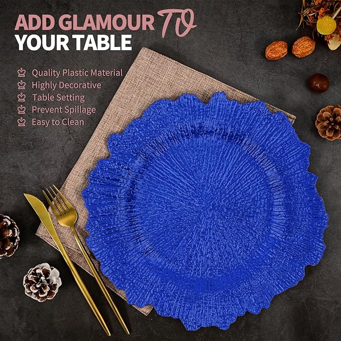 50 Pcs Royal Blue Charger Plates Bulk 13 Inch Plastic Charger Plates for Dinner Plate, Royal Blue Chargers for Table Setting, Reef Design Plate Floral Decorative Round Chargers for Wedding Party Event
