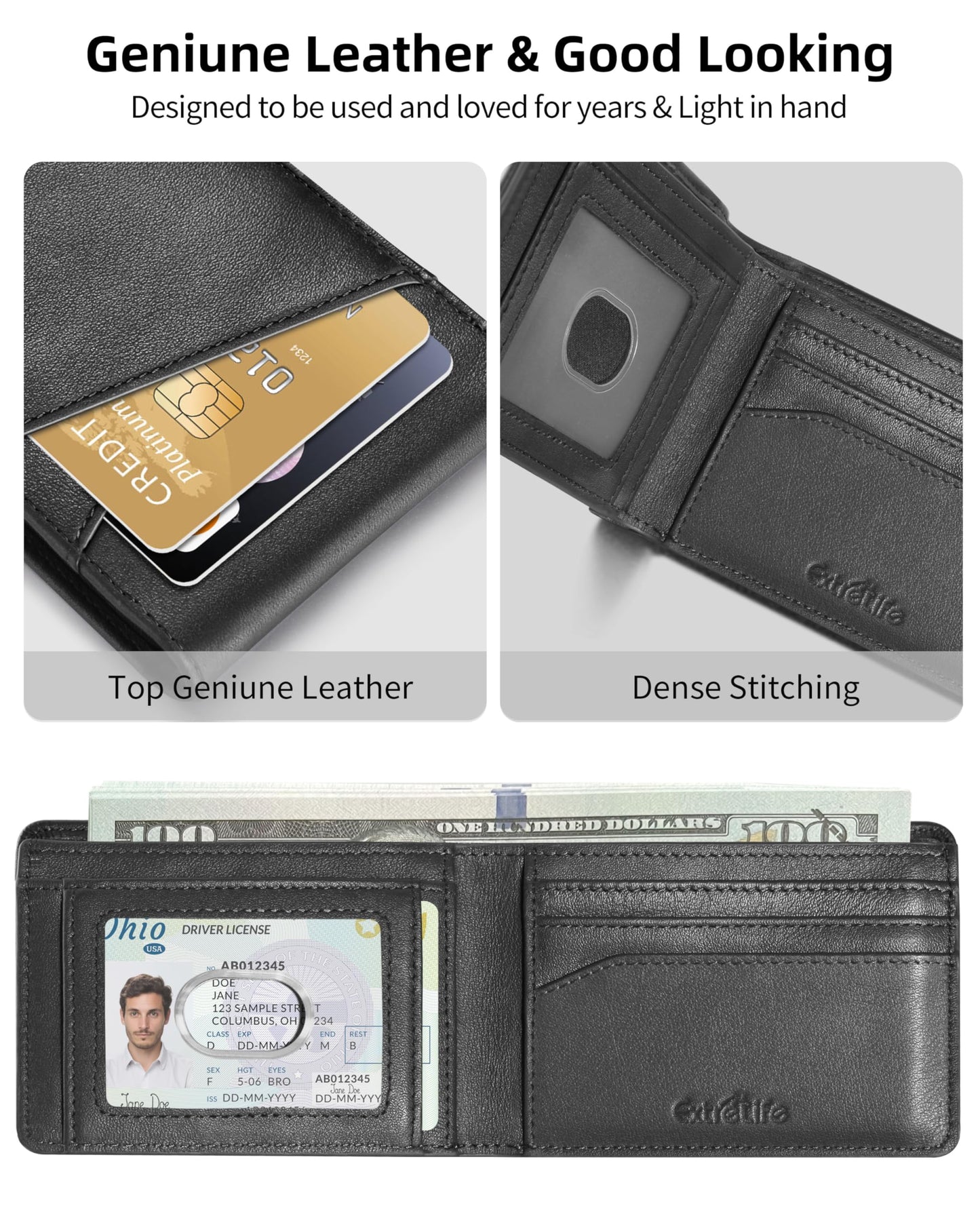 ExtreLife Mens Wallet with Smart Tracker, Genuine Leather Bifold Wallet, Works with Apple Find My, 10 Card Slots, Money Pocket, ID Window, RFID Blocking, GPS Wallet Tracker, Gift Box, Black