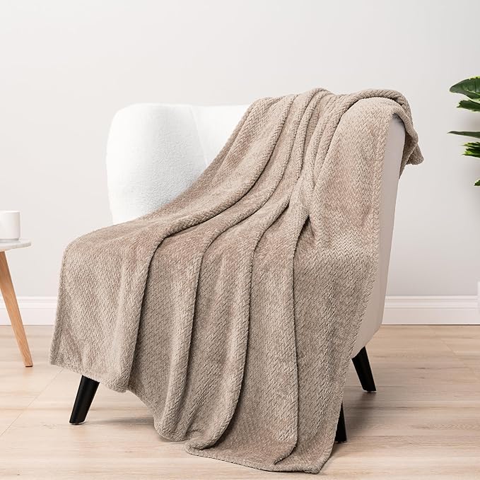 PAVILIA Soft Fleece Taupe Tan Throw Blanket for Couch, Lightweight Plush Warm Blankets for Bed, Fuzzy Cozy Flannel Blanket Throw for Sofa, Travel, Jacquard Pattern, Taupe/Camel, Twin, 60x80 inch