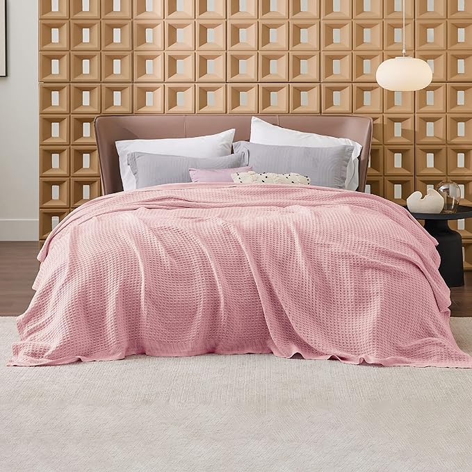 Bedsure 100% Cotton Blanket King Size for Bed - Breathable and Soft, Waffle Weave Blanket for Summer Spring, Pink, 104x90 inches