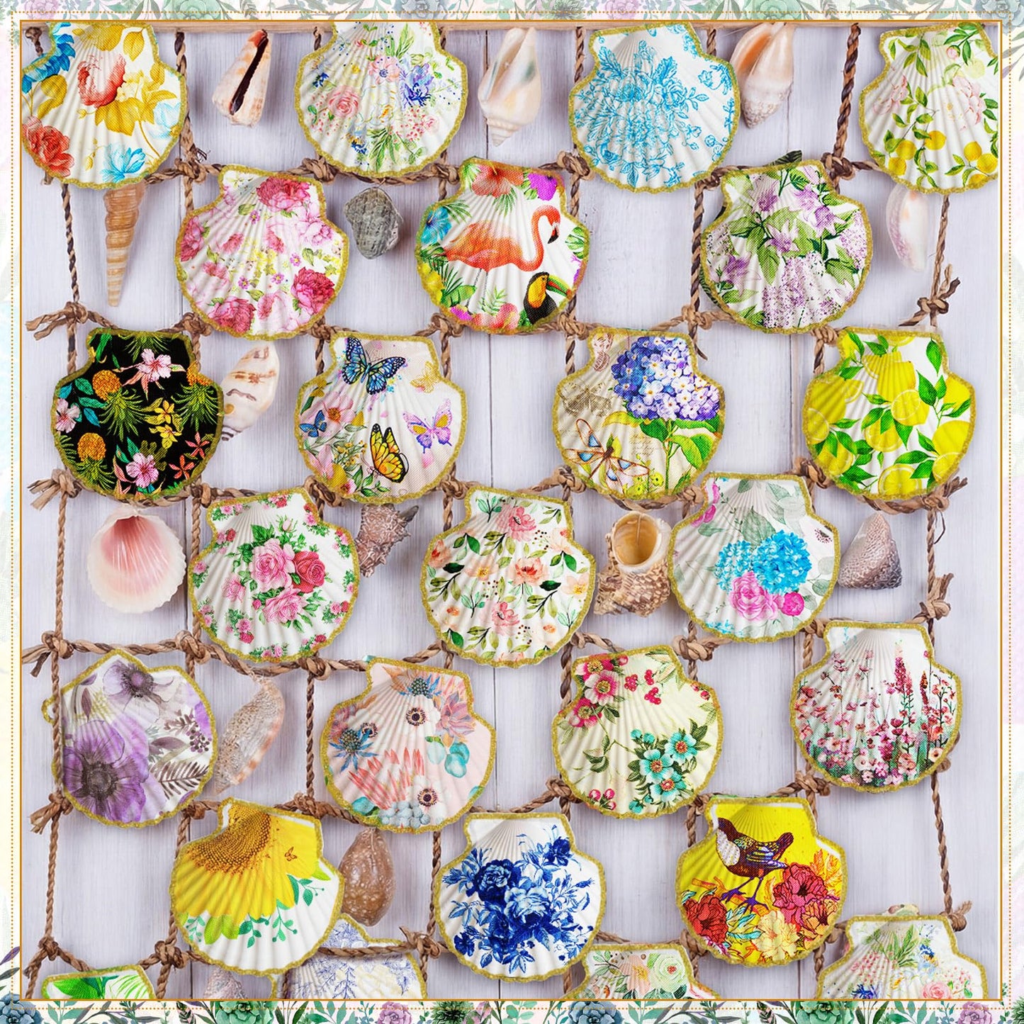 Crtiin 48 Pcs Decoupage Kits, 18 Pcs 4'' White Scallop Shells, 24 x Assorted Decoupage Paper Napkins with Glue Paint Strips Pigments and Paint Brushes for Home Decor Ornaments DIY Arts Crafts (Flower)