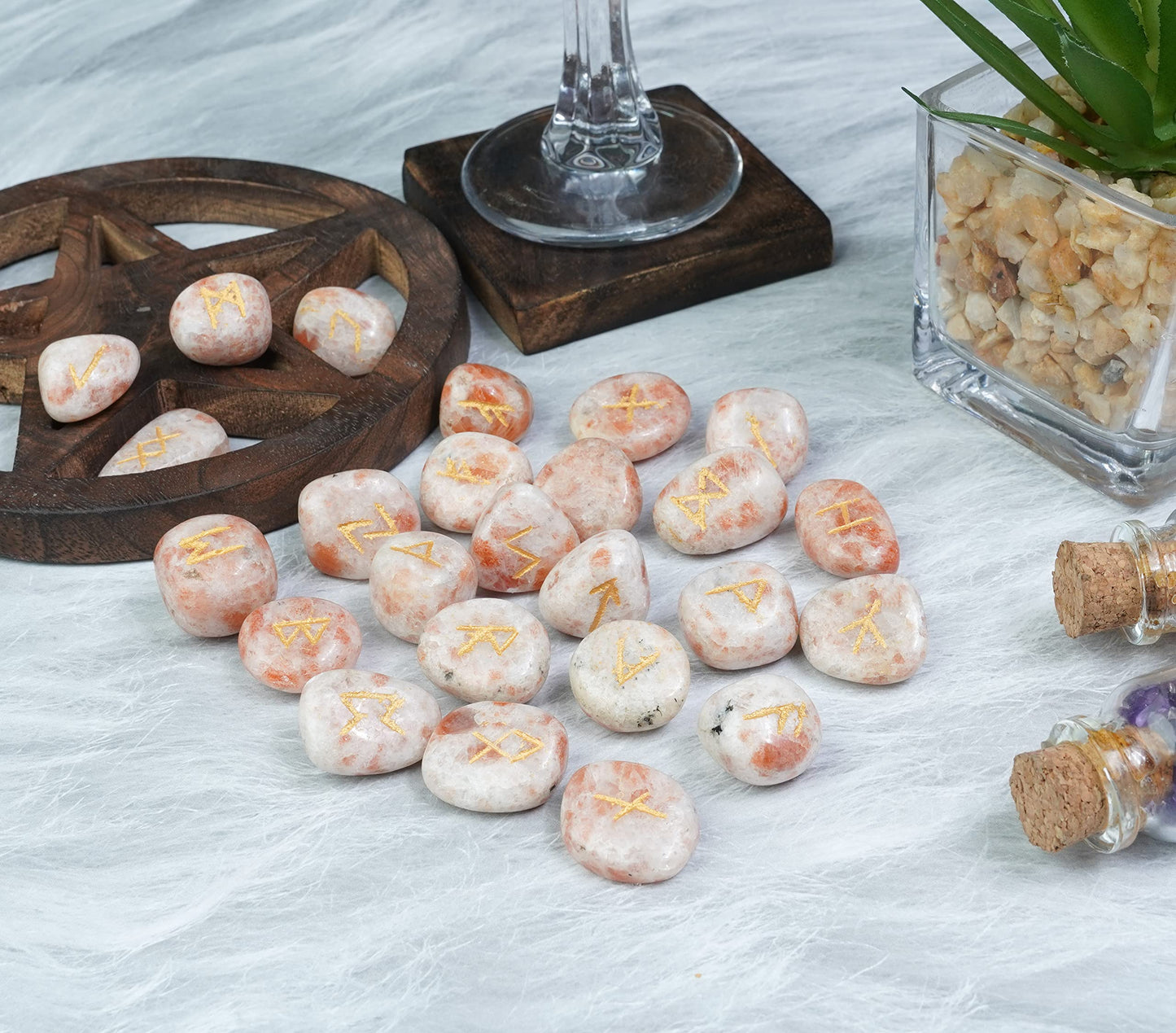 "Crocon Sunstone Rune Stones Set Engraved with Elder futhark Crystal Runes Set, Reiki Healing runas for Meditation Chakra Balancing, Rune Stone for Beginners with Crystal Guide & Pouch |15-20 mm"