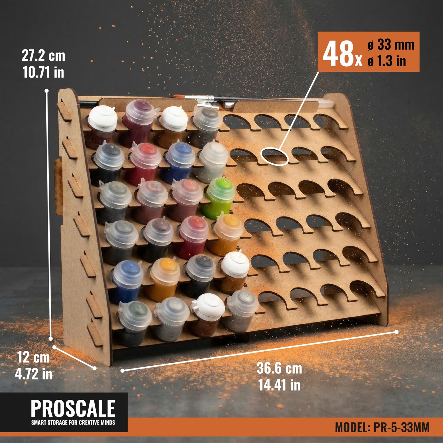 PROSCALE Wall Paint Rack Organizer for Miniatures & Modeling, Vertical Paint Stand with 33mm Pot Holes + Top Brush/Tool Holder, Compatible with Citadel (33mm)