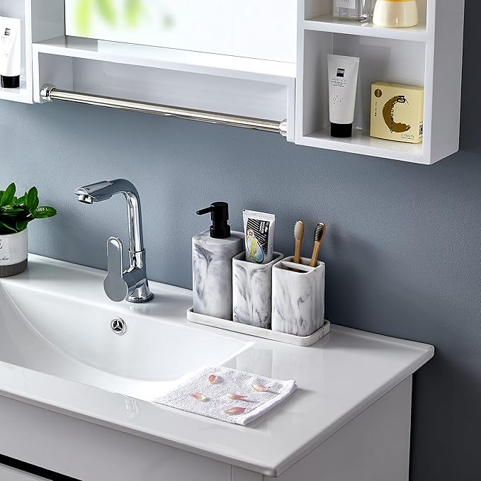 ZCCZ Toothbrush Holder for Bathrooms, White Marble Look Toothpaste and Makeup Holder, Brushes and Razors Holder, Vanity Bathroom Countertop Organizer, Toothbrush Cup