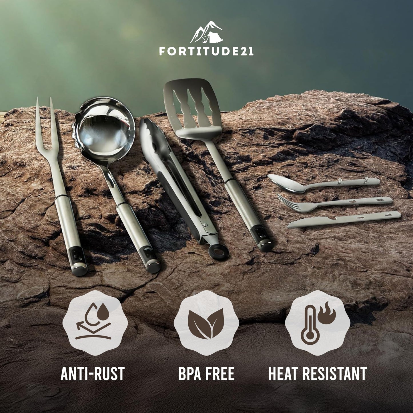 Fortitude21 Camping Gear, Cooking Set, 21pcs Accessories Cooking, Kitchen Camp & Organizer, Utensil Equipment, Tools Stuff Black