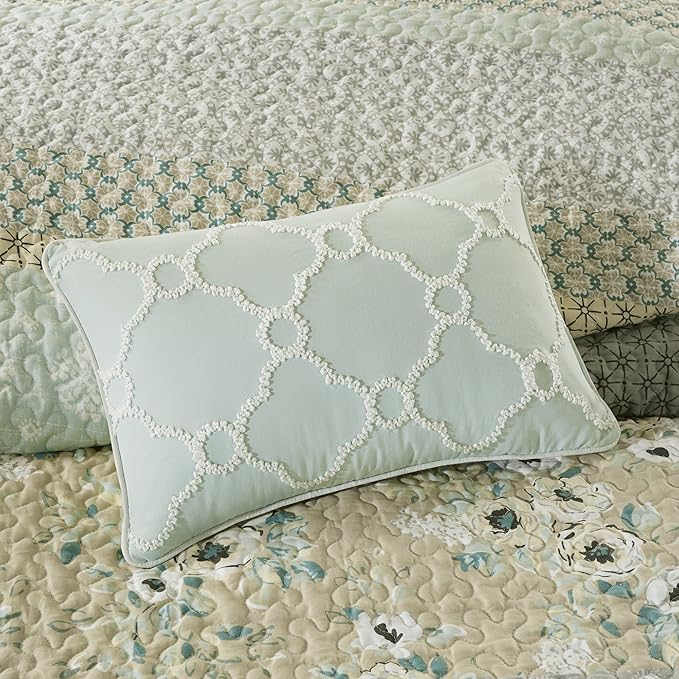 Madison Park 100% Cotton Quilt Set Floral Print, Double Sided Stitching, All Season, Lightweight Coverlet Shabby Chic Bedding Layer, Matching Shams, King/Cal King(104"x94"), Green Yellow 6 Piece