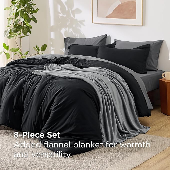 Bedsure Full Comforter Set Black, 8 Pieces Prewashed Full Size Bed in a Bag with Soft Fleece Bed Blanket, Down Alternative Bedding Set for All Seasons, Sheets, Pillowcases & Shams