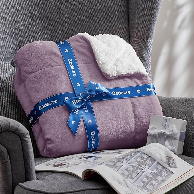 Bedsure Sherpa Fleece Blankets Queen Size for Bed - Thick and Warm, Soft Fuzzy Plush Queen Blanket for Winter, Sea Fog Purple, 90x90 Inches