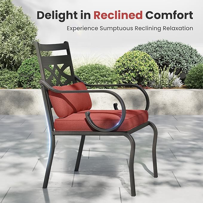 PHI VILLA 5 Pieces Outdoor Dining Set for 4, 37" Square Metal Table with Umbrella Hole & Wrought Iron Chairs, All Weather Large Outside Furniture with Red Cushions & Pillows for Patio, Deck, Porch