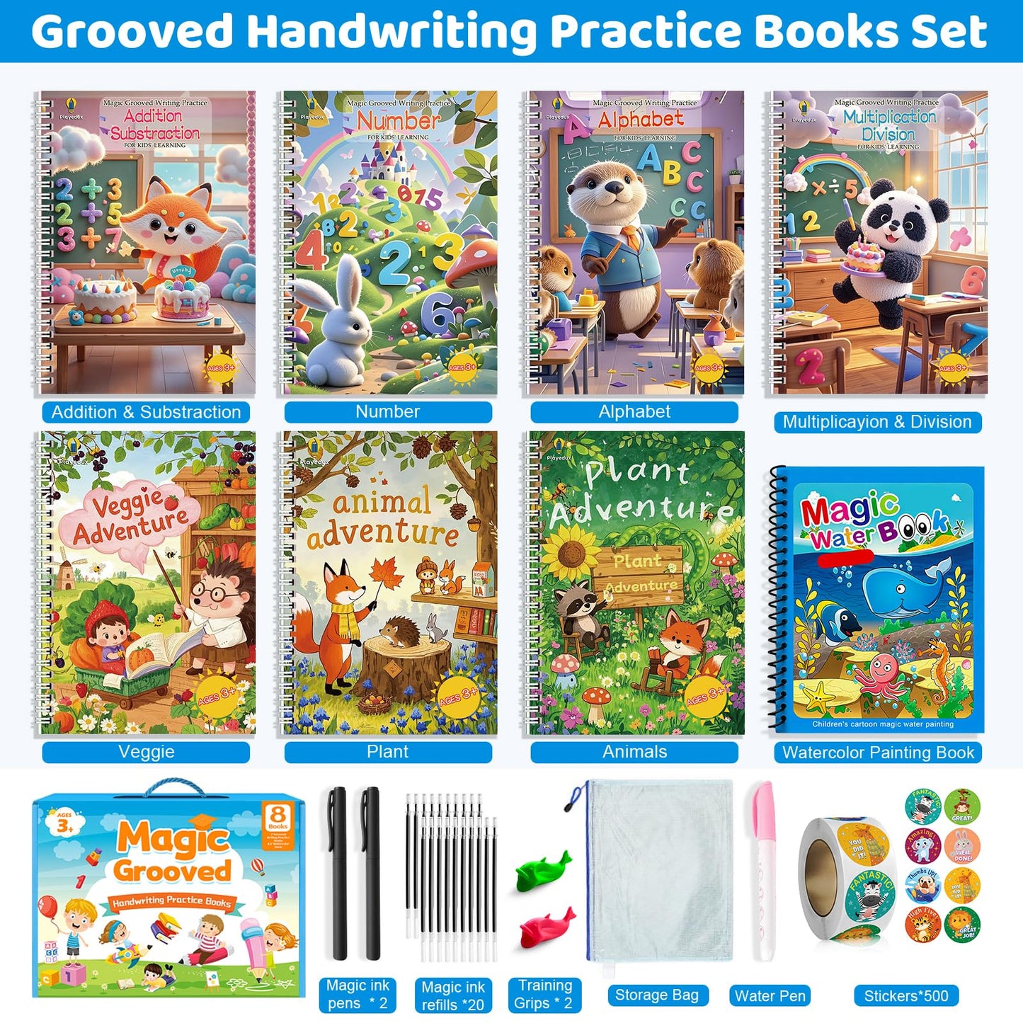 EFCRBS Magic Grooved Writing Practice Books for Kids 3-8, Reusable Grooved Handwriting Books-Letters Numbers Math Painting-Preschool Learning Activities-Birthday Gifts for 3 4 5 6 7 8 Years Old