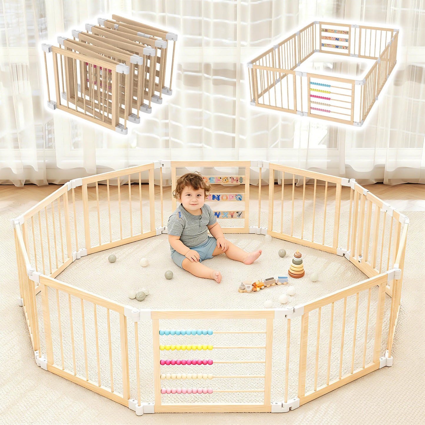 COCO DESIGN Baby Wooden Playpen, 10 Panel Foldable Play Yard with Door Panel and Built-in Toys, Adjustable Size & Shape Portable Play Yard for Babies and Toddlers (10 Panels)