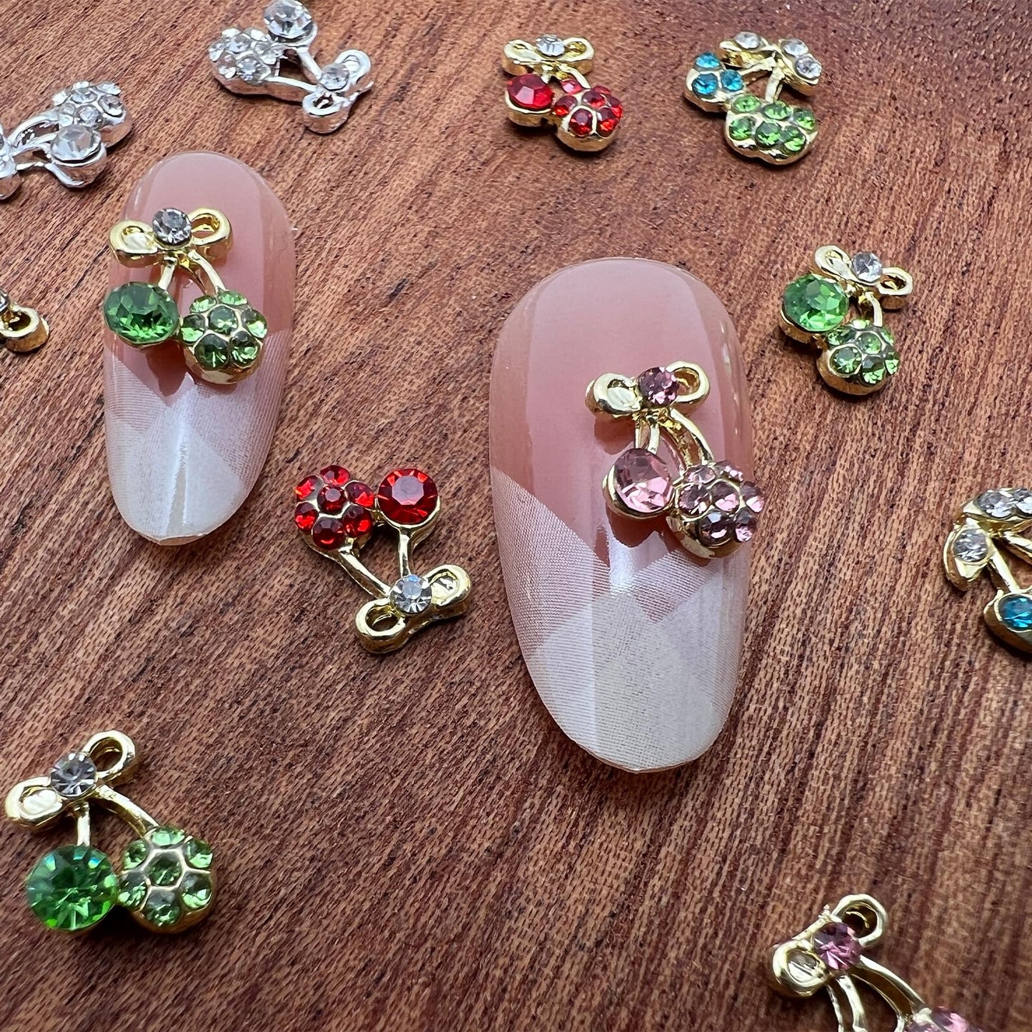 Pizadix 30PCS Cherry Nail Charms Set, 6 Styles (5 Each), Gold/Silver Alloy Rhinestone Fruit Designs, 6-Grid Organizer Box, for Gel, Acrylic & Press-On Nails