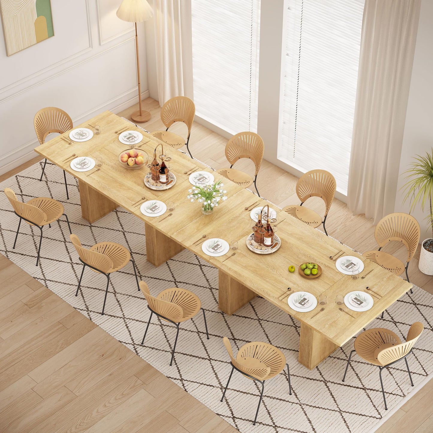 78 Inch Rectangular Dining Table for 6 to 10, Farmhouse Fluted Dining Kitchen Table, Modern Wood Long Dining Table for Kitchen Living Room, Natural