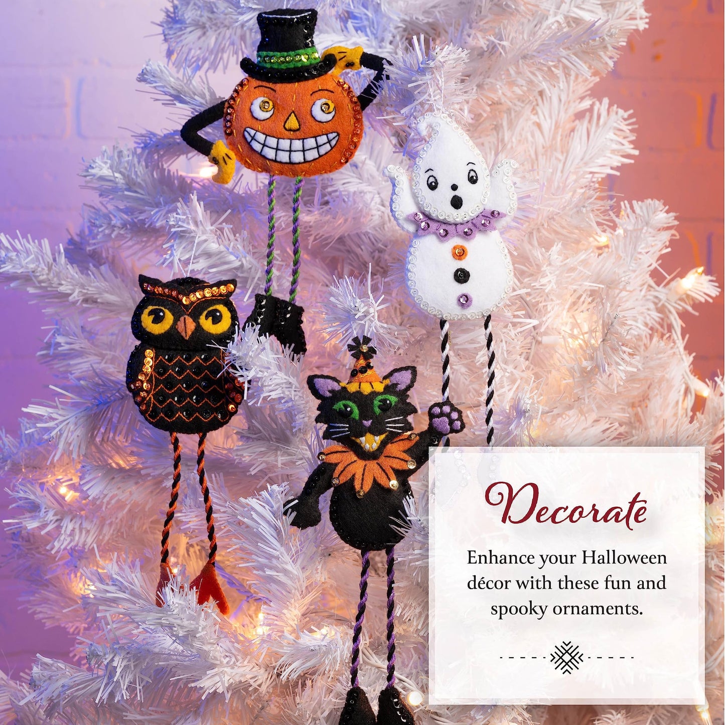 Bucilla Felt Applique 4 Piece Ornament Making Kit, Halloween Squad, Perfect for DIY Arts and Crafts, 89647E