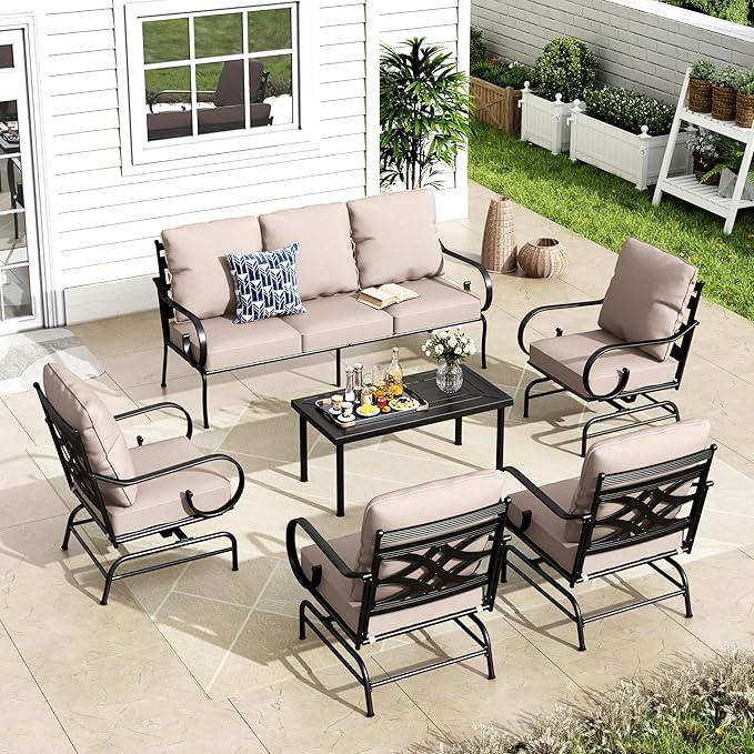MFSTUDIO 7 Seats Large Metal Patio Conversation Sets, 6 Pieces Outdoor Patio Furniture Sofa with 4 Motion Chairs, 1 Sofa(3-seat) and Table for Outside Balcony Backyard Poolside