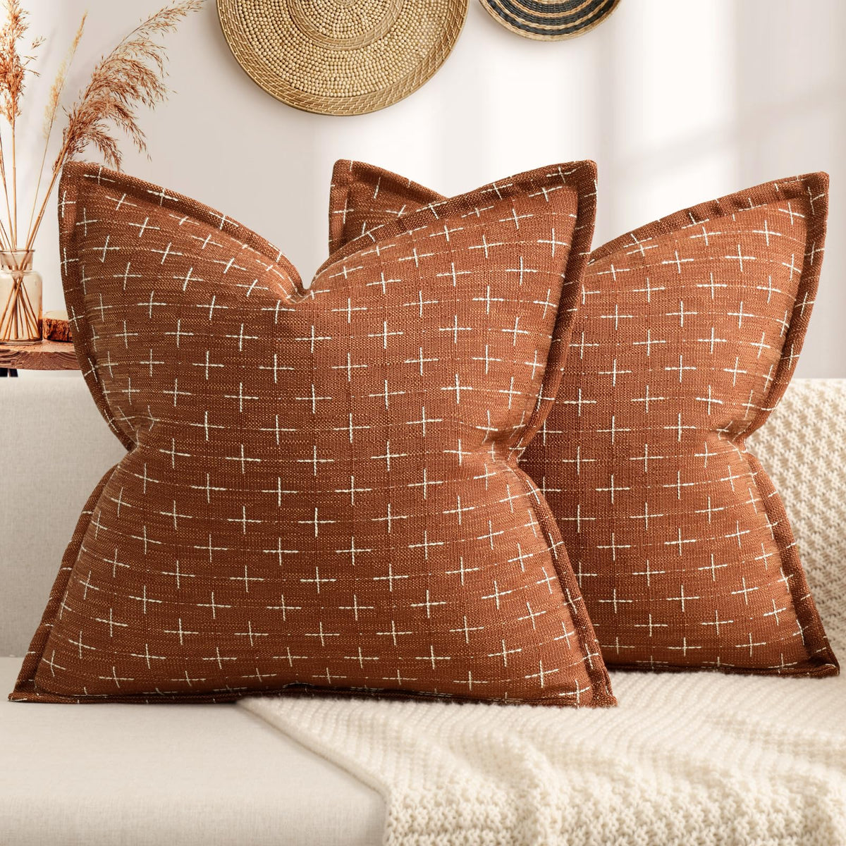 Fall Pillow Covers 22x22 Set of 2 Soft Polyester Textured Rust Pillow Covers with Stylish Flange Edge Cozy Farmhouse Throw Pillows for Couch Bed Sofa Living Room Fall Decor (2 Count)
