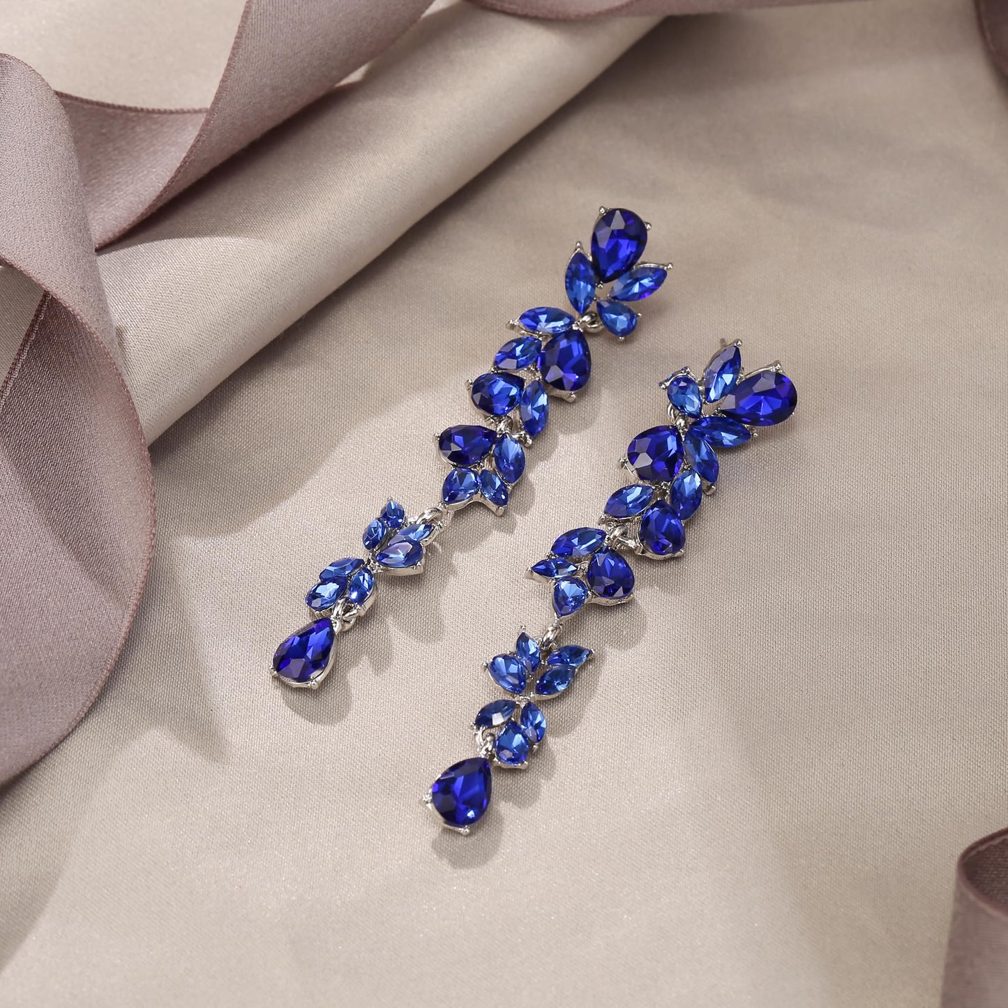 EVER FAITH Banquet Rhinestone Crystal Chandelier Dangle Earring for Women Brides, Marquise Teardrop Bridal Long Drop Earrings for Prom Royal Blue Silver-Plated-Base