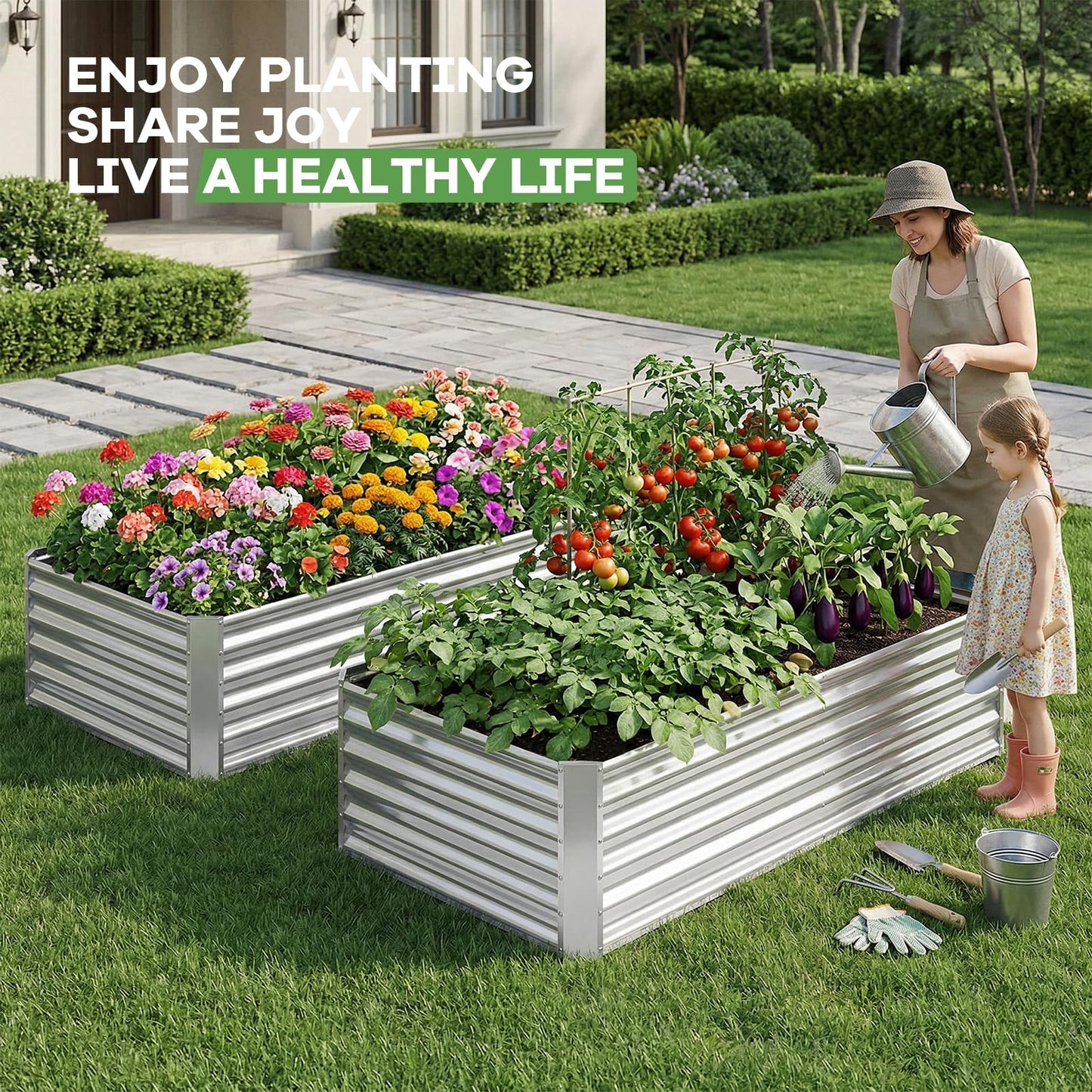 HEALSTOK Galvanized Raised Garden Bed Kits, Metal Planter Box Outdoor, 8x4x1.4ft Rectangular Steel Planter Bed for Vegetables, Fruits, Flowers, Herbs(Silver)