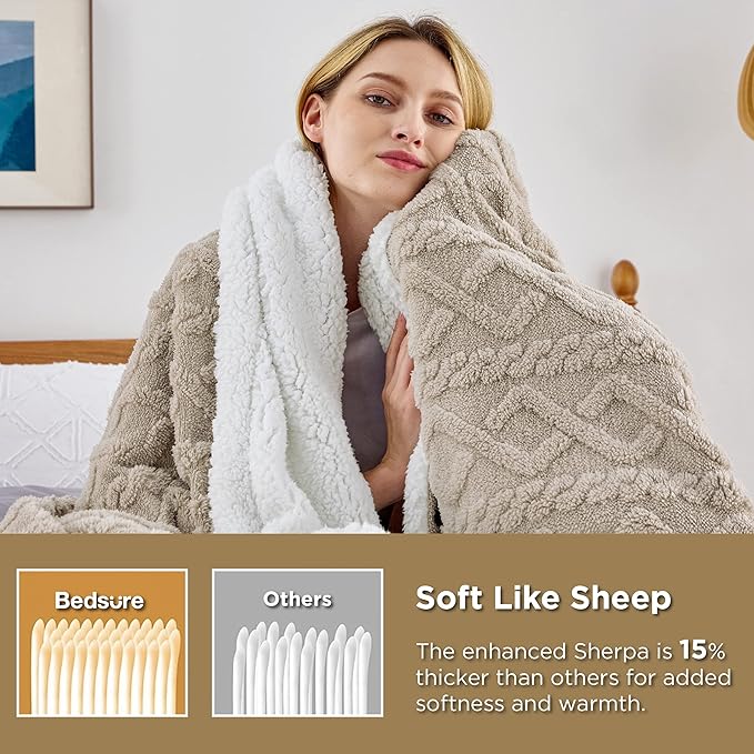 Bedsure Sherpa Fleece Blanket Twin Size for Bed - GentleSoft Fluffy & Cozy Cable Jacquard Tufted for Women Gift, Thick and Warm Blankets for Winter, Beige, 60x80 Inches