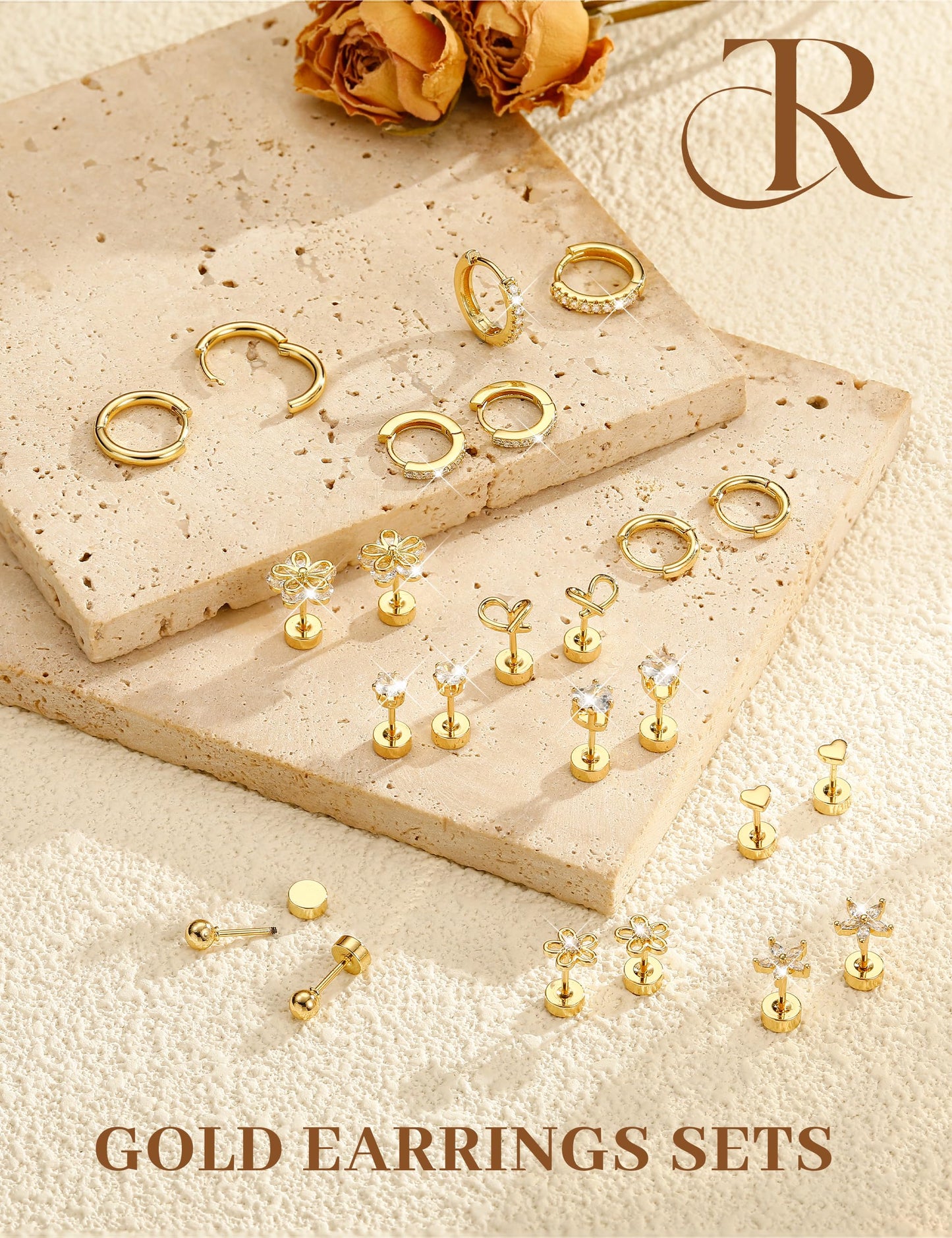 Hypoallergenic Gold Stud Earrings for Women - 14k Gold Plated Surgical Stainless Steel Flat back Earrings Set Small Huggie Hoop Flatback Earring for Sensitive Ears Screw Back Cartilage Piercing Jewelry