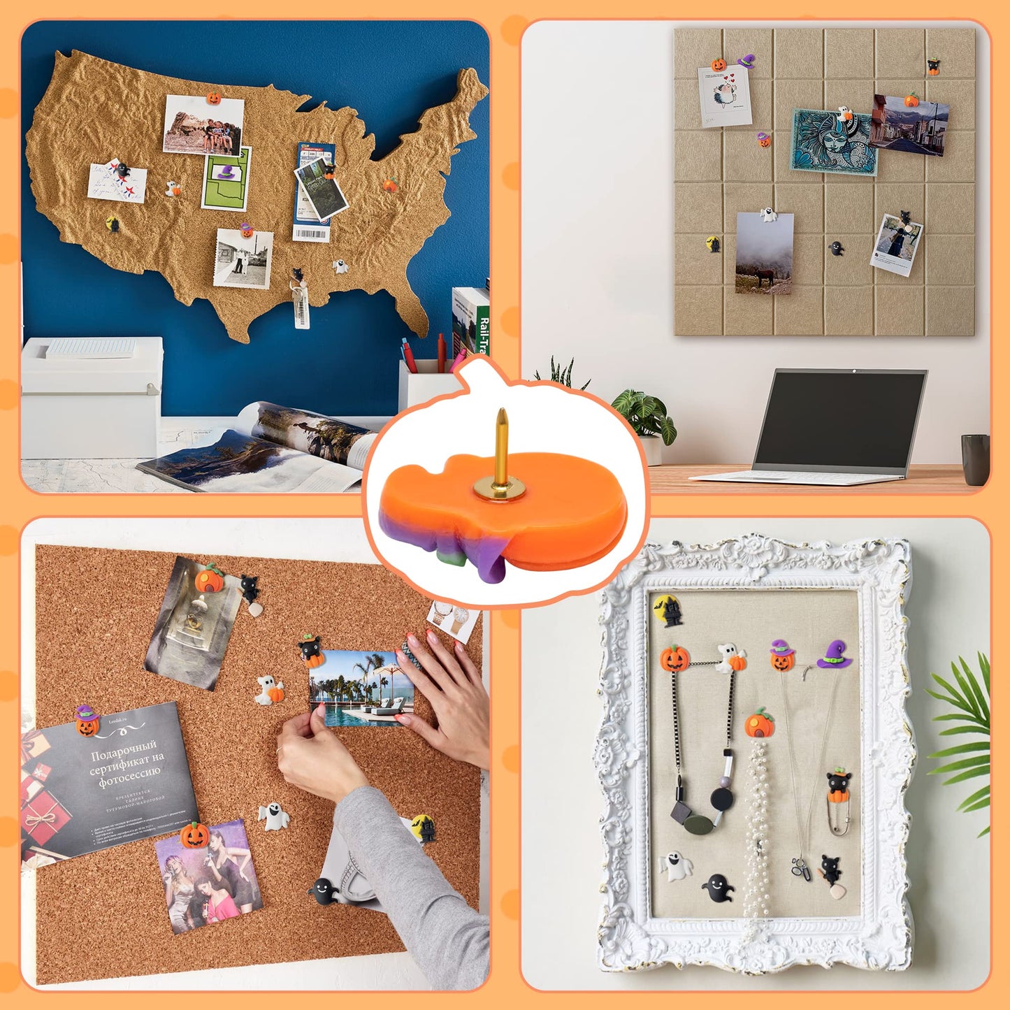 H1vojoxo 40PCS Halloween Push Pins Decoration for Cork Board, Halloween Decorative Thumb Tacks, Funny Pumpkin Push Pin for Photo Wall, Ghost Castle Push Pins for Bulletin Board