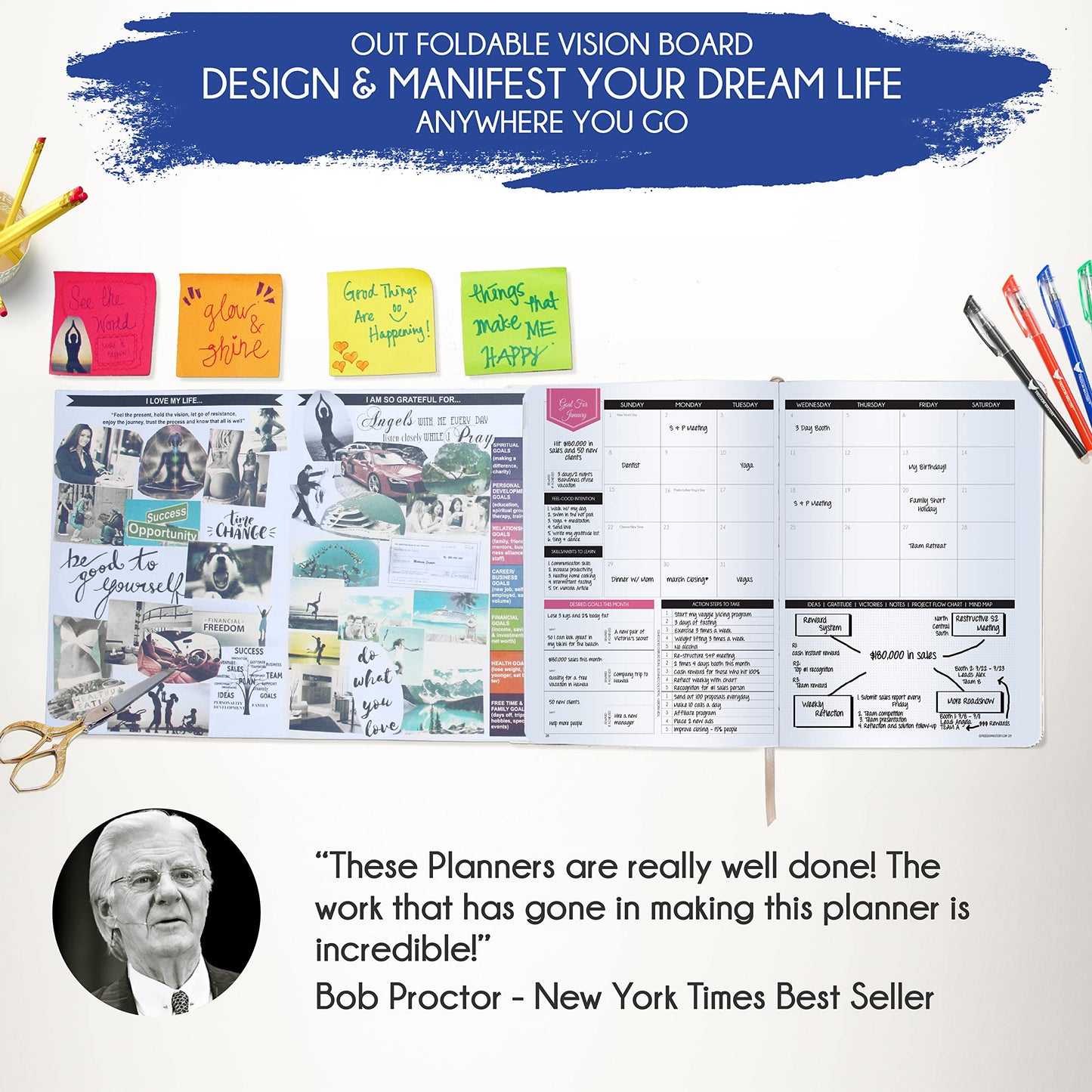 Deluxe Weekly and Monthly Planner | Law of Attraction Planner with Productivity App | 12-Month for Productivity, Gratitude & Goal Setting | Includes Foldable Vision Board, Gift Box & Stickers