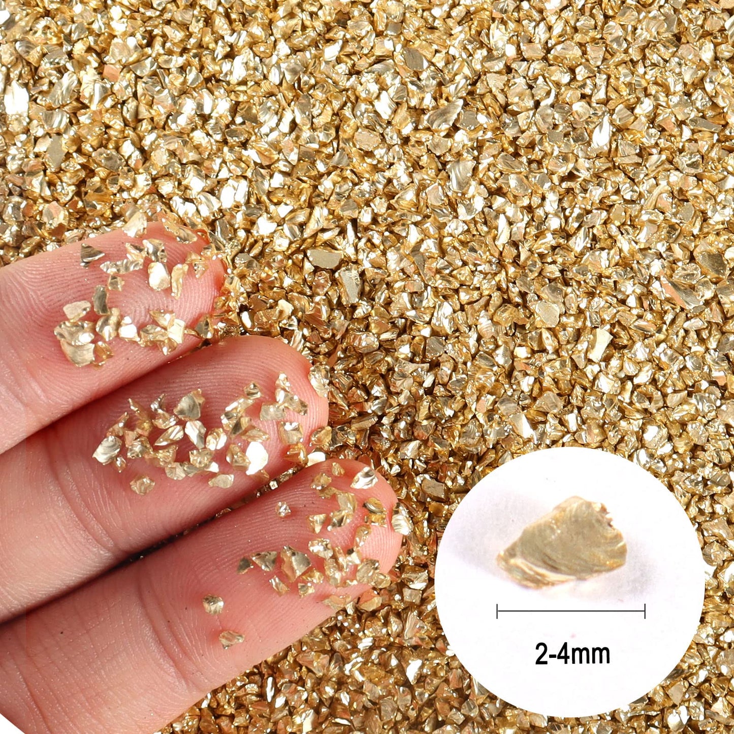 Ceya 5.3oz/ 150g Crushed Irregular Glass Shallow Gold Metallic Crystal Chips Broken Glass Glitter 2-4mm Craft Glitter for Nail Arts Epoxy Resin Mold Coasters Ornament Painting Geode Phone Case Jewelry