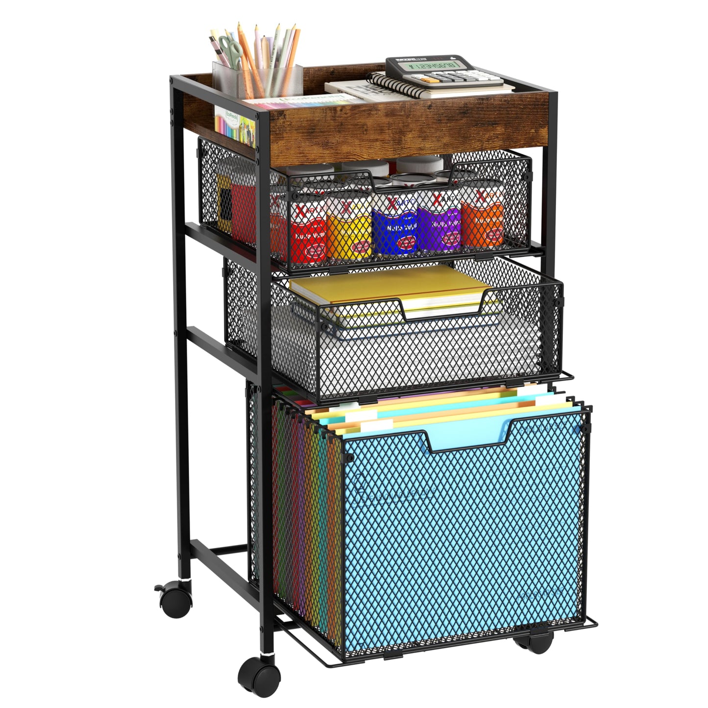 SWTYMIKI Rolling File Cart with Drawers - 4 Tier Under Desk Storage Craft Rolling Organizer Cart - Office Storage &Organization, Mobile Metal Filing Cabinet for Office and Home Espresso