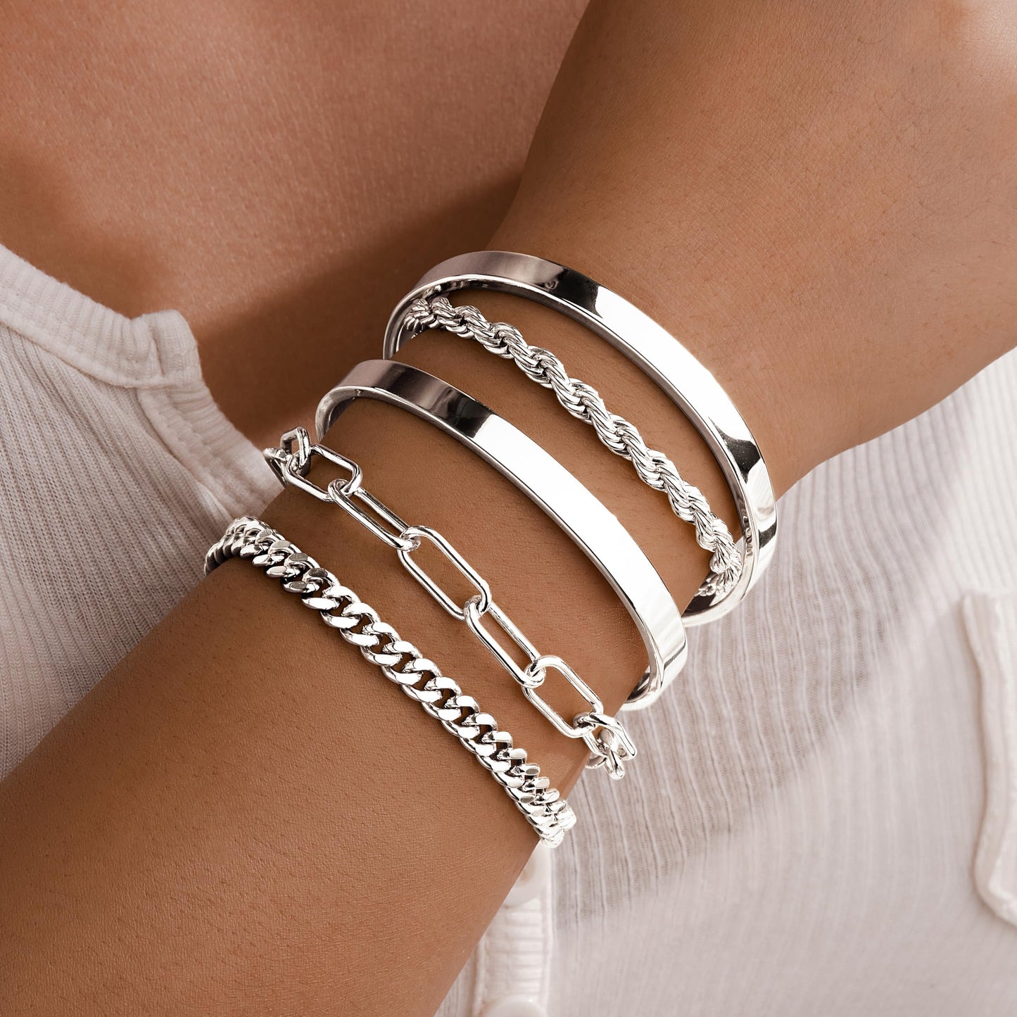 Gokeey Chunky Silver Bracelets for Womenc Trendy, Silver Cuff Bracelet Non Tarnish Rope Cable Paperclip Cuban Link Chain Bangle Bracelet Set Jewelry