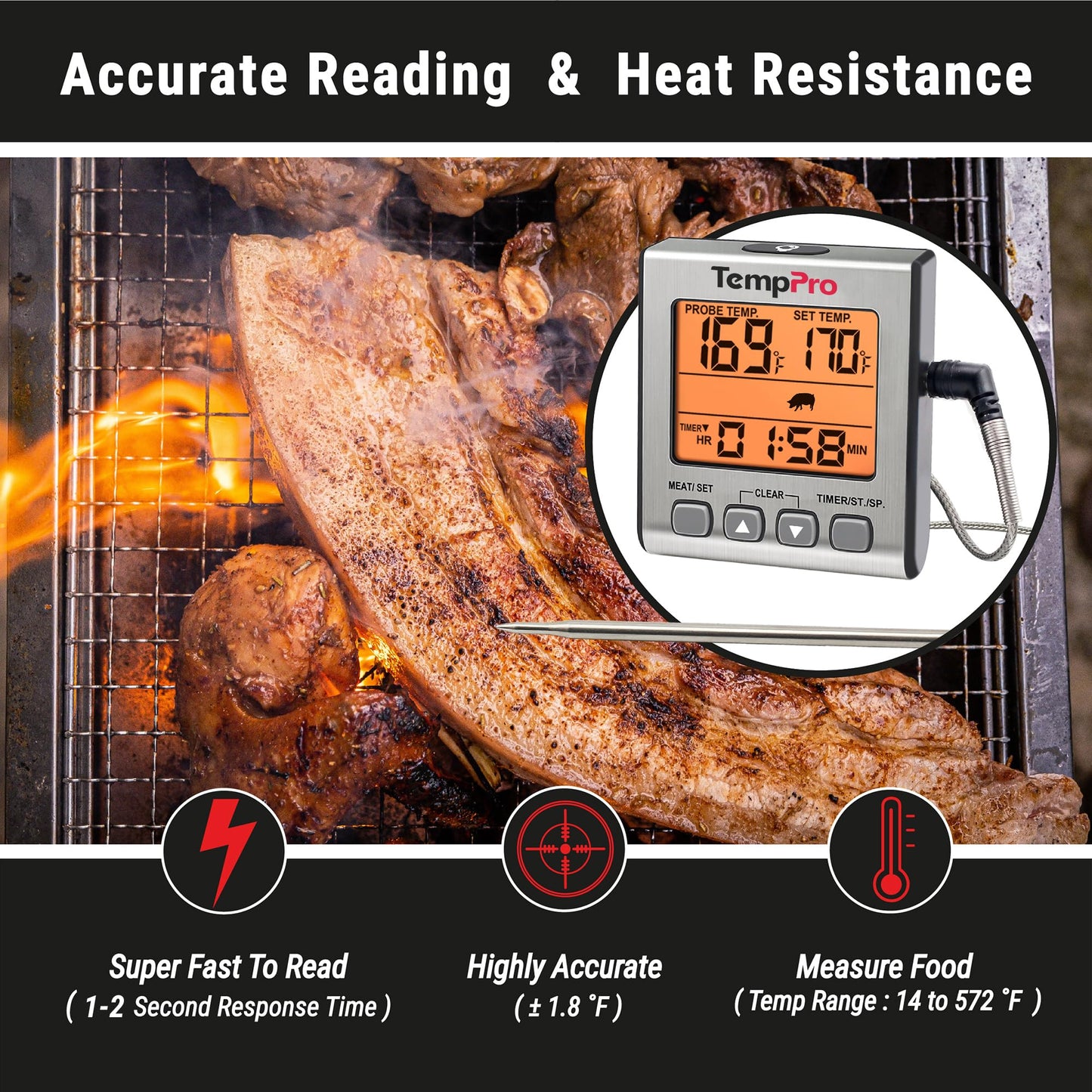 TempPro Digital Meat Thermometer for Cooking and Grilling, BBQ Food Thermometer with Backlight and Kitchen Timer, Grill Temperature Probe Thermometer for Smoker, Oven, Baking,Oil(Previously ThermoPro)